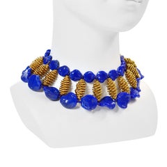 Vintage Miriam Haskell Gold Tone with Blue Lapis Beads Collar Necklace
