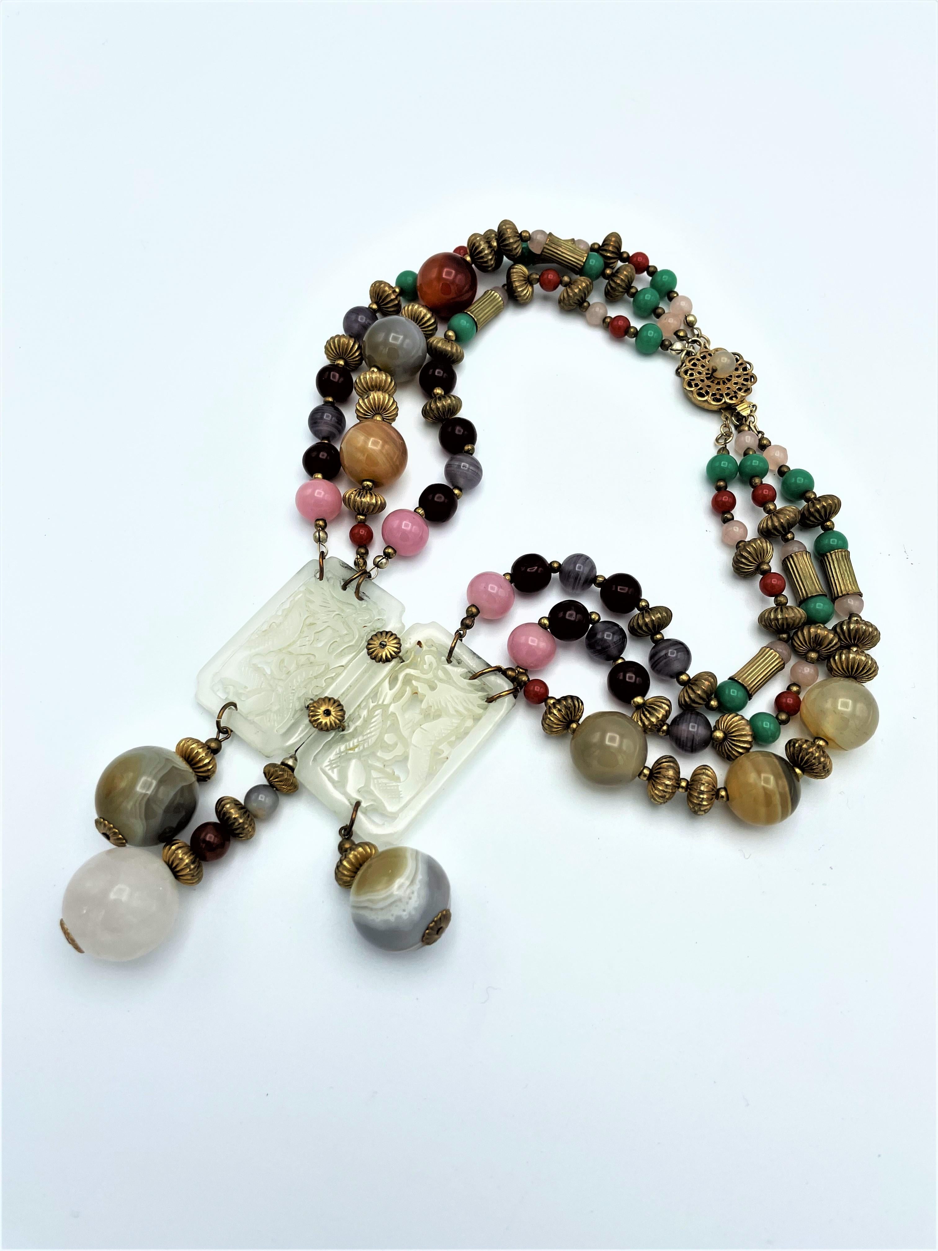 Vintage Miriam Haskell necklace, agate and glass beads, jade similar  1950s USA For Sale 1