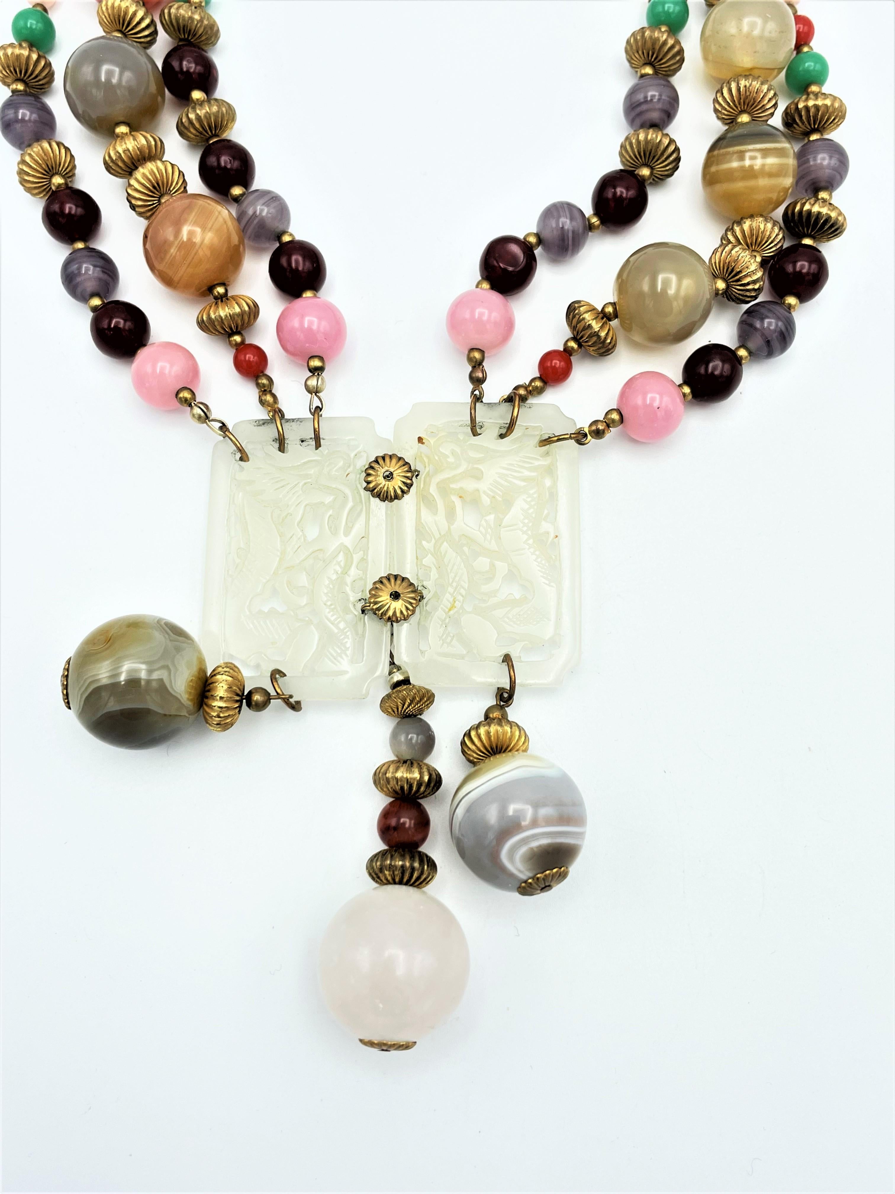 Artisan Vintage Miriam Haskell necklace, agate and glass beads, jade similar  1950s USA For Sale
