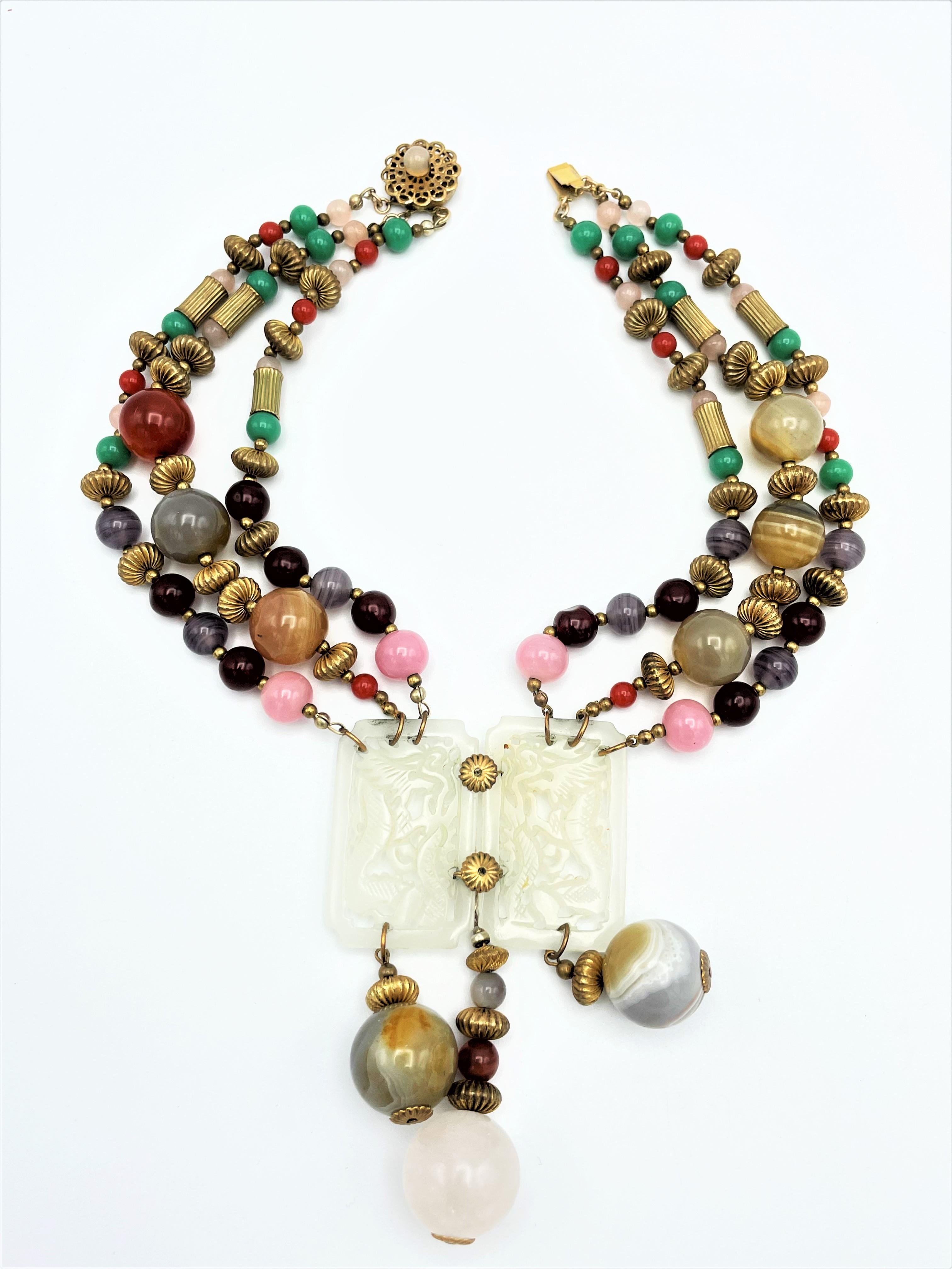 Women's Vintage Miriam Haskell necklace, agate and glass beads, jade similar  1950s USA For Sale