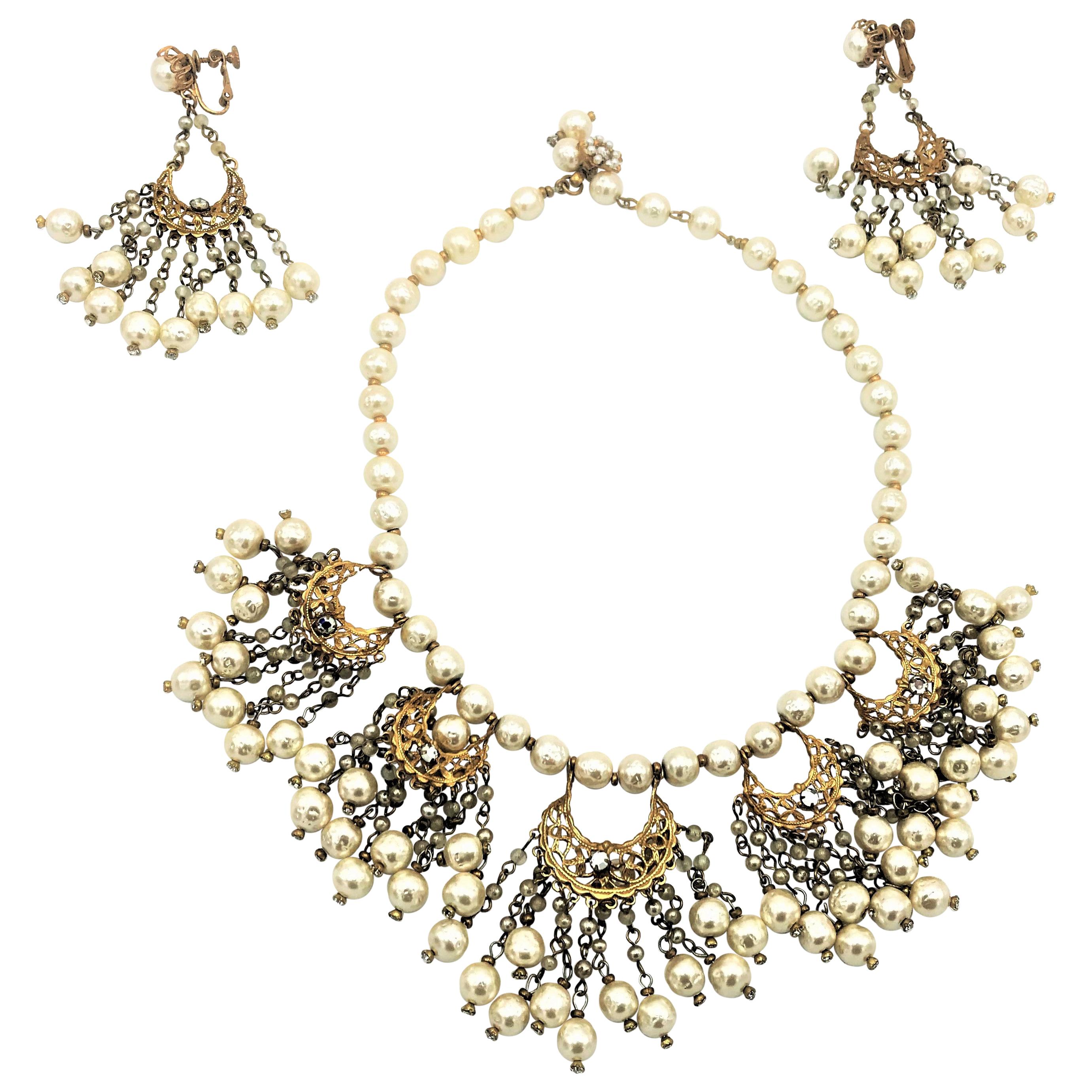 Vintage Miriam Haskell necklace with matching earrings gold plated 1950s