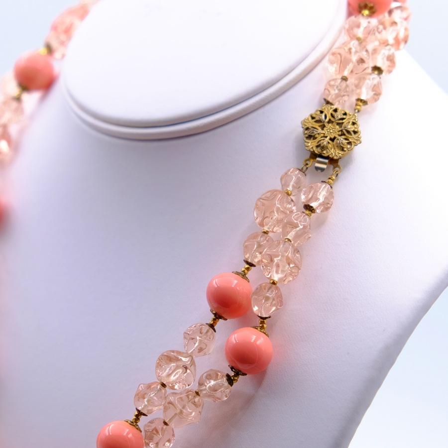 Women's or Men's Vintage Miriam Haskell Peach Glass Necklace Beads 1950's For Sale