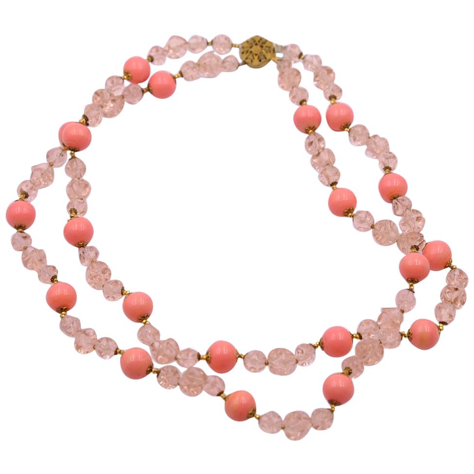 Vintage Miriam Haskell Peach Glass Necklace Beads 1950's For Sale