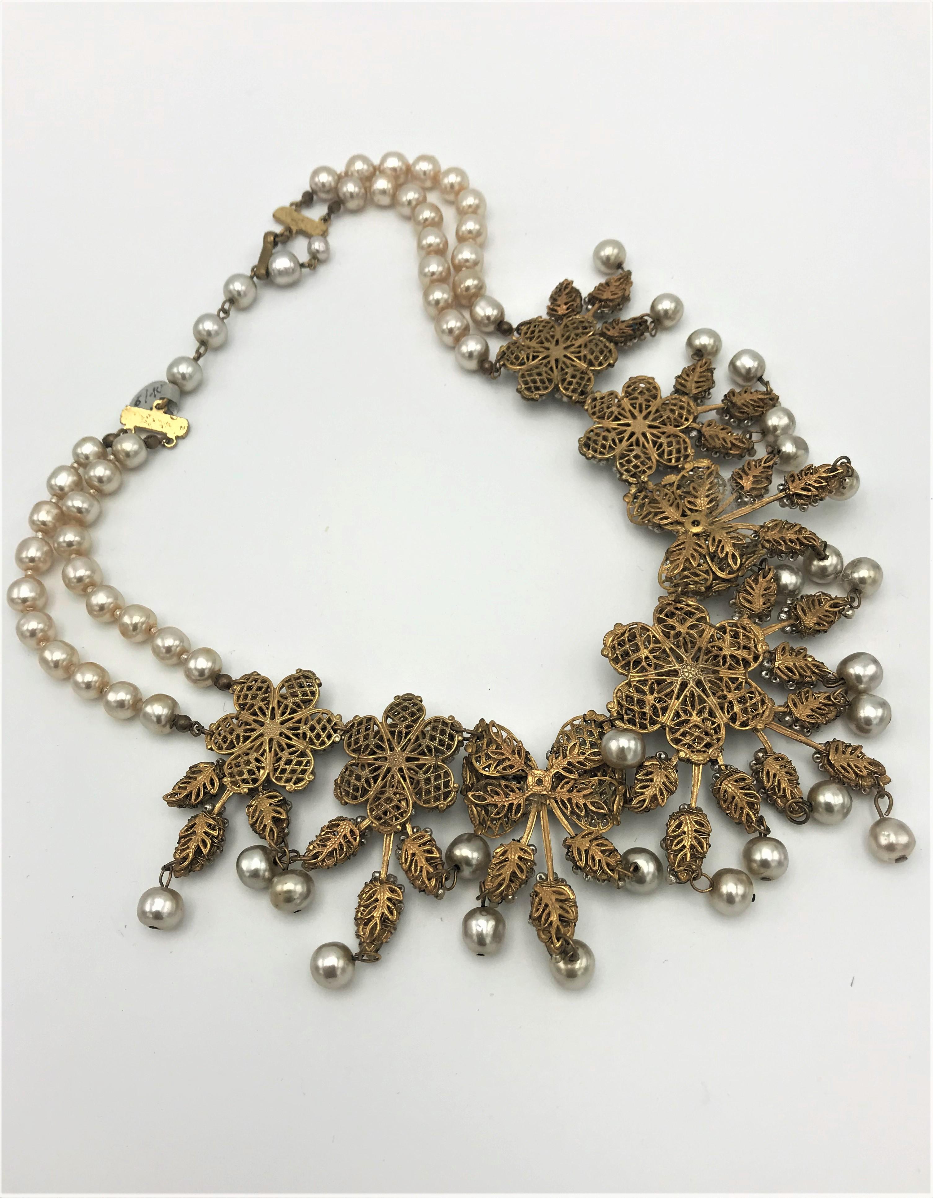Art Deco Vintage Miriam Haskell set, necklace and clip-on earing collectore pieces, 1940s For Sale