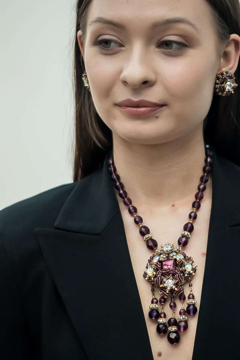 Vintage Miriam Haskell Statement Amethyst Crystal Necklace & Earrings 1950s im Zustand „Hervorragend“ im Angebot in Wilmslow, GB