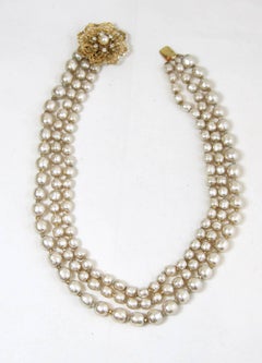 Vintage Miriam Haskell Three Strand Faux Pearl Necklace