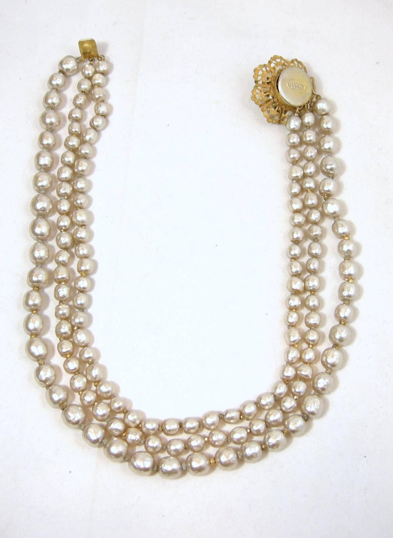 Vintage Miriam Haskell Three Strand Faux Pearl Necklace For Sale at