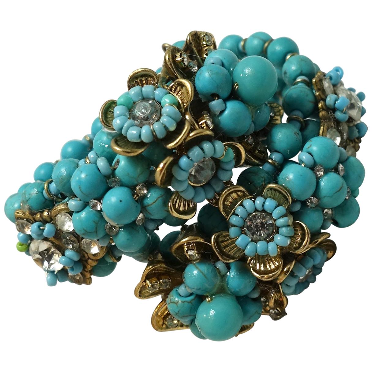 Vintage Miriam Haskell Turquoise Color Glass Beads & Crystal Wrap Bracelet For Sale
