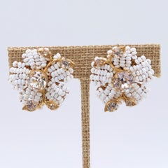 Vintage Miriam Haskell White Bead Flowers Earrings 1960s