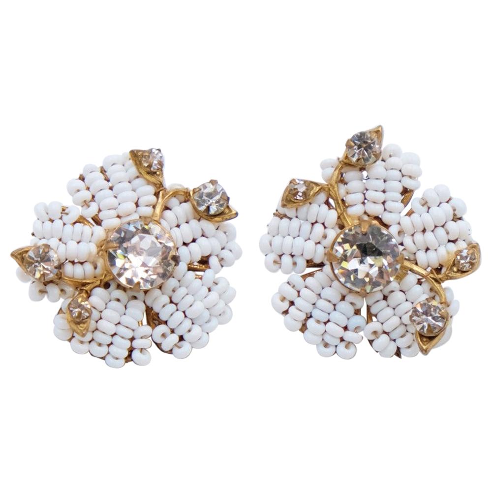 Vintage Miriam Haskell White Bead Flowers Earrings 1960s For Sale