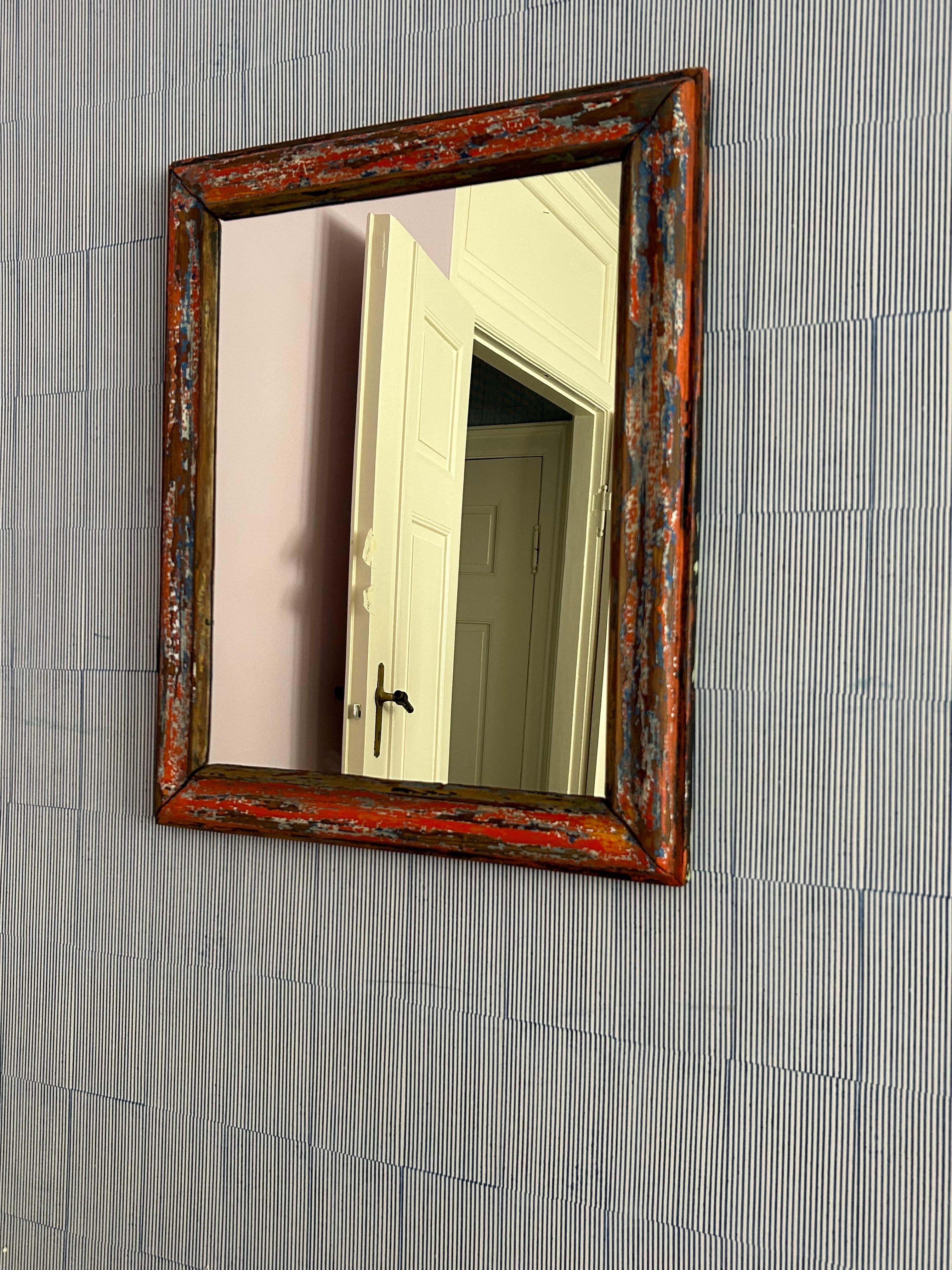Français Miroir vintage dans un cadre en bois ancien avec peinture d'origine, France, 20ème siècle en vente