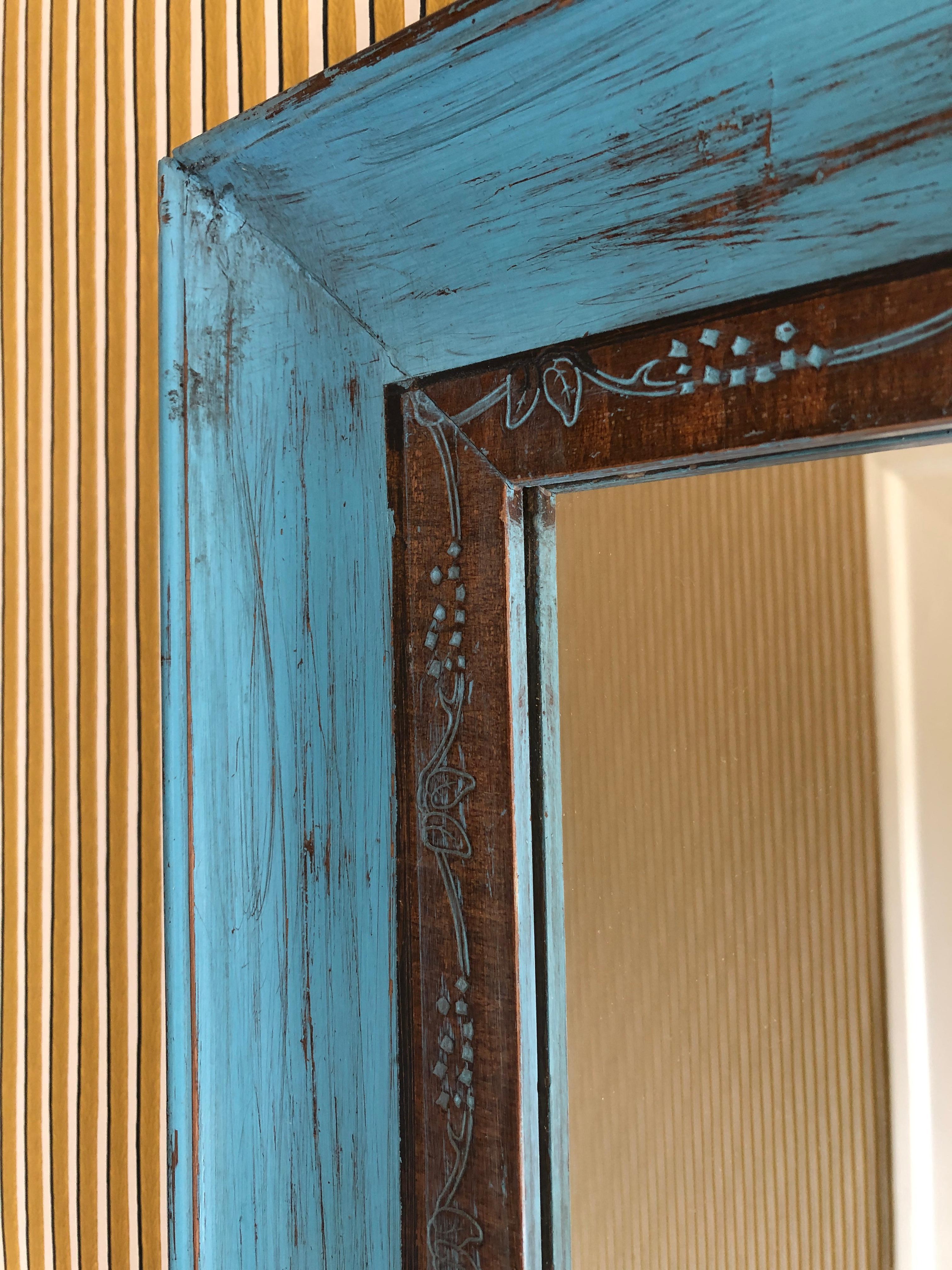 Vintage Mirror in Blue Painted Wooden Frame, Italy, Early 20th Century  5