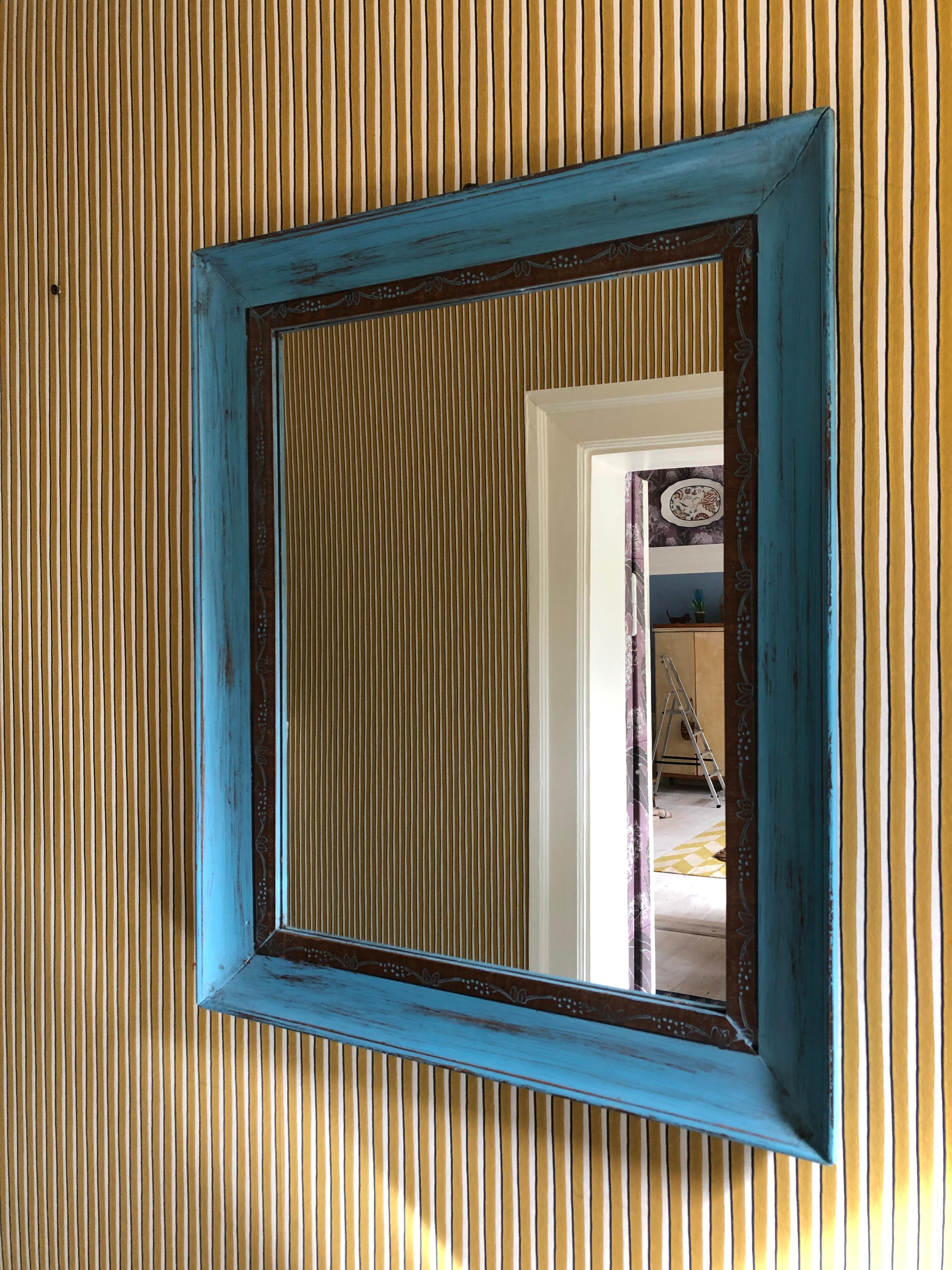 Vintage Mirror in Blue Painted Wooden Frame, Italy, Early 20th Century  In Good Condition In Copenhagen K, DK