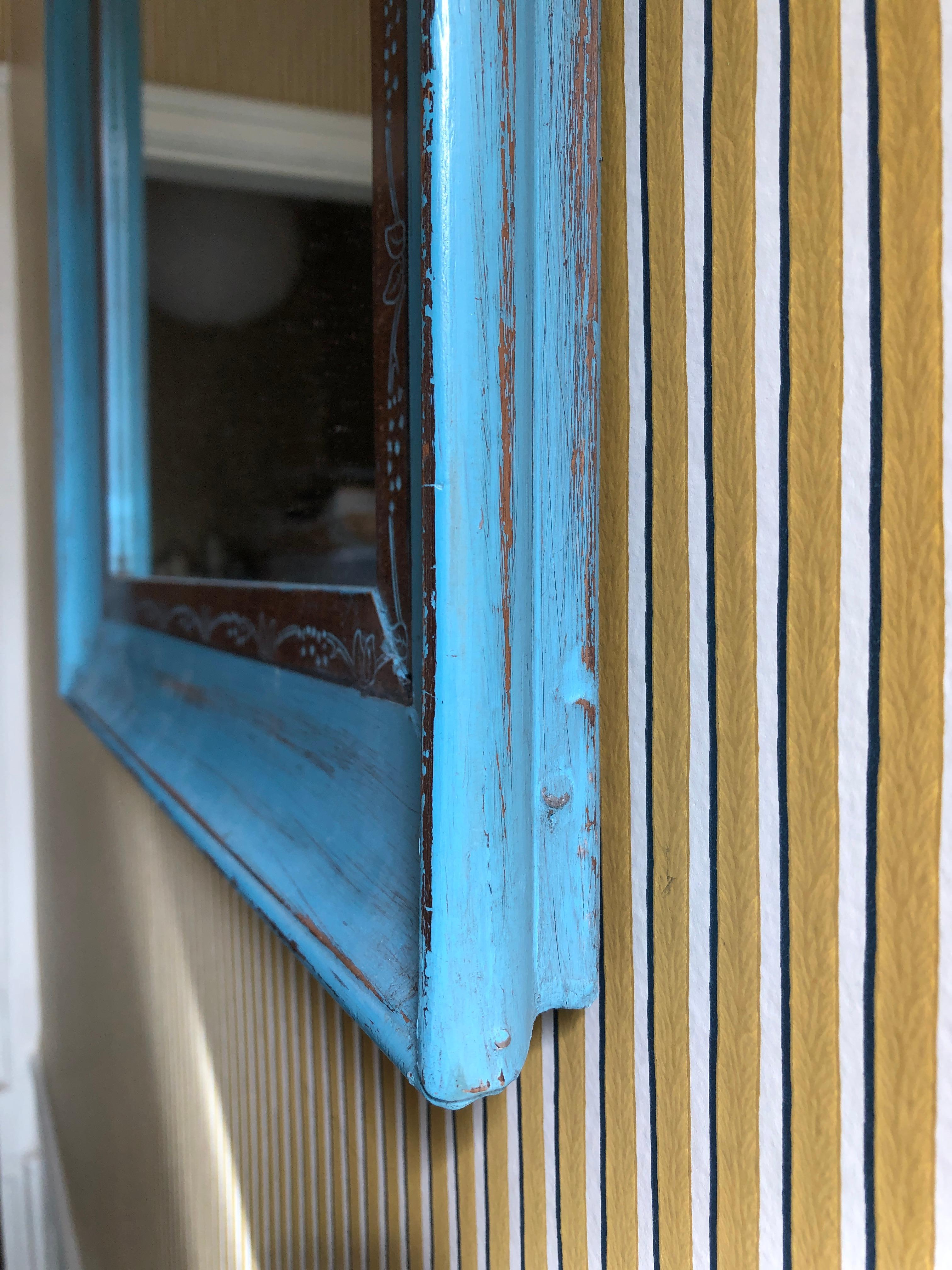 Vintage Mirror in Blue Painted Wooden Frame, Italy, Early 20th Century  2