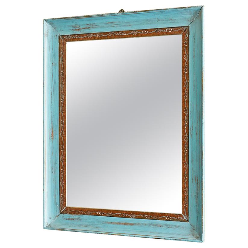 Vintage Mirror in Blue Painted Wooden Frame, Italy, Early 20th Century 