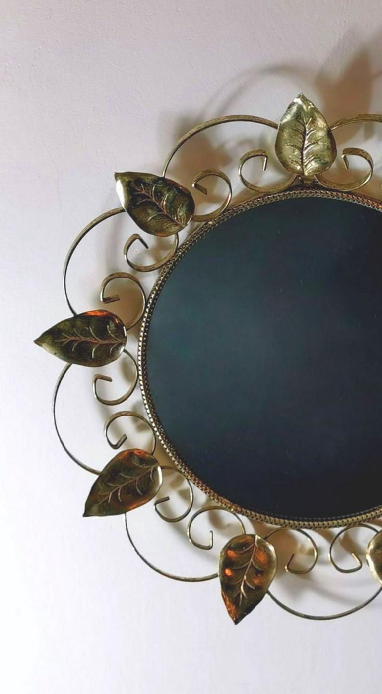 French Vintage Mirror in Gilded Metal with Mulberry Leaves, France