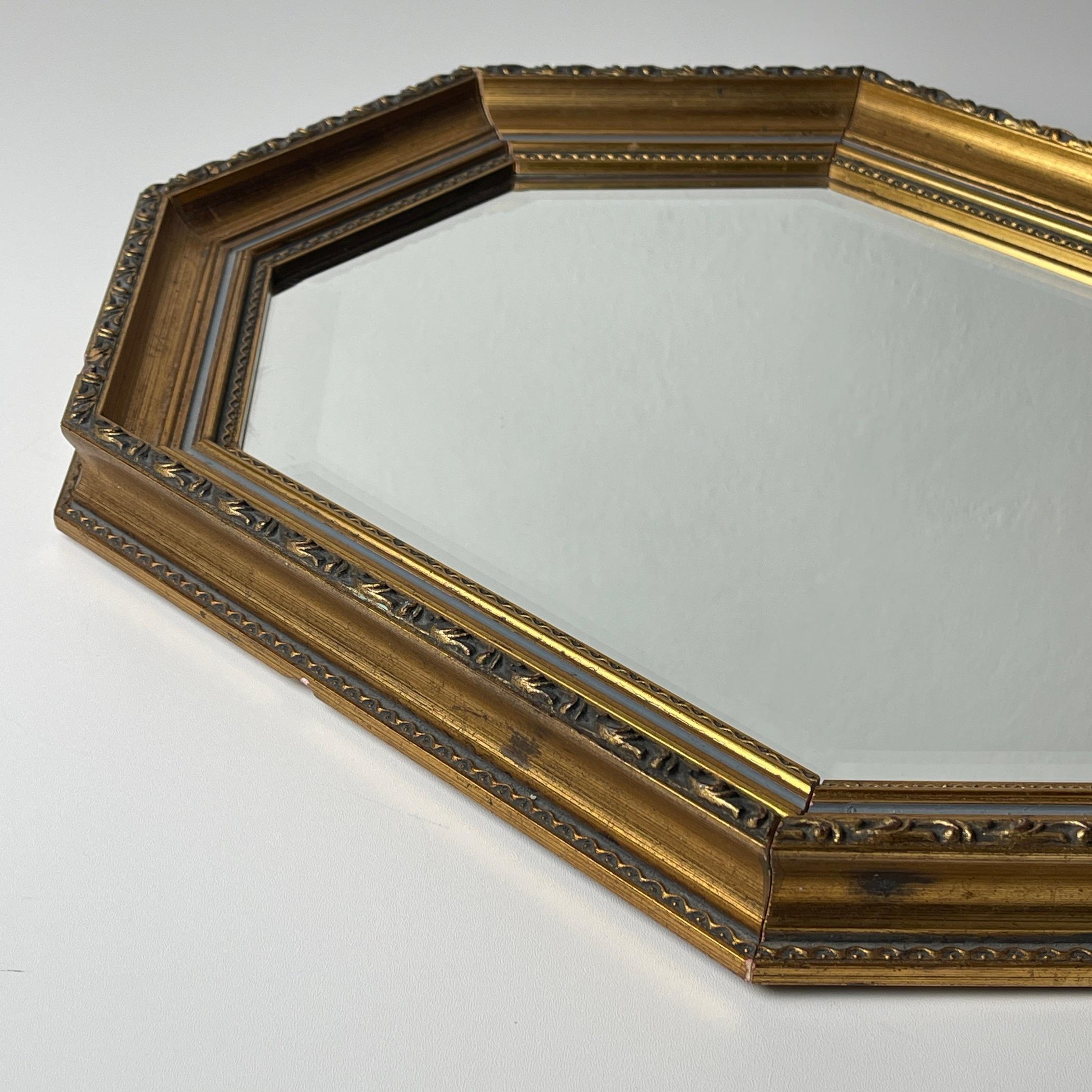 Wood Vintage Mirror in golden wooden octagonal frame, Italy 1950s 