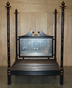 VINTAGE MIRRORED BACK CHiNESE LACQUERED CHINOISERIE FOUR POSTER KING SIZE BED