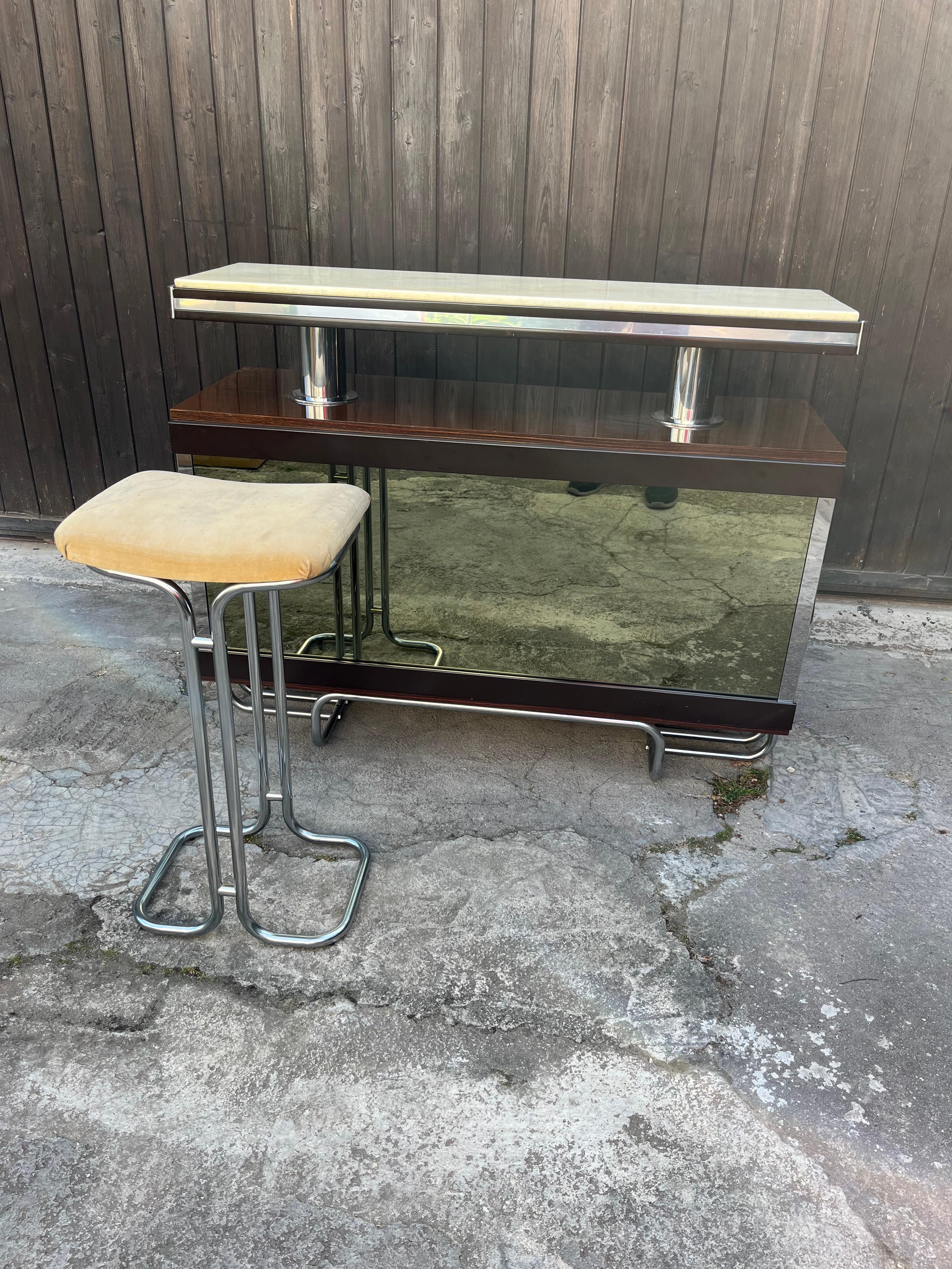 Italian Vintage Mirrored Bar Cabinet With Stool Attributed to Luciano Frigerio 1970s