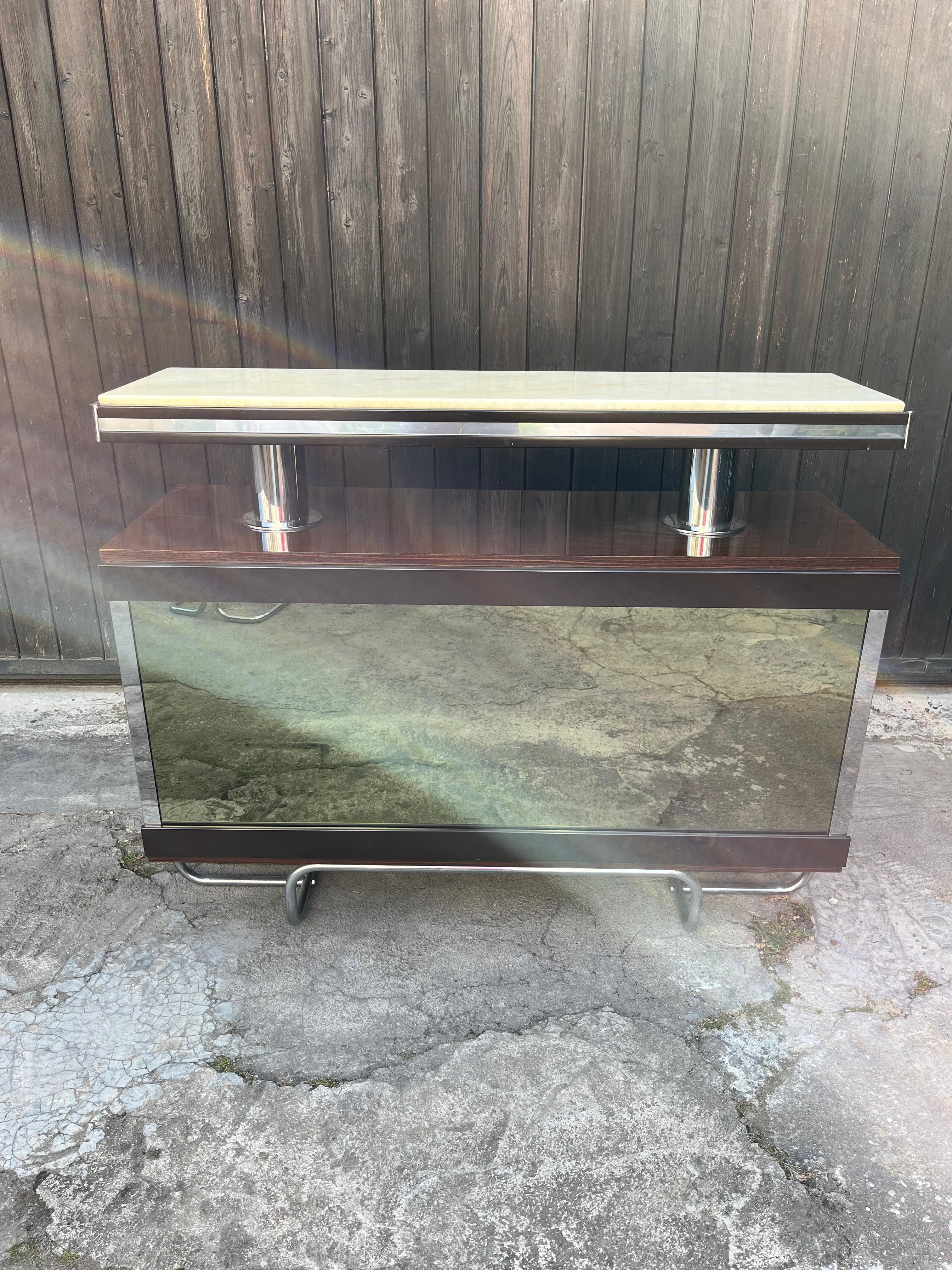 Steel Vintage Mirrored Bar Cabinet With Stool Attributed to Luciano Frigerio 1970s