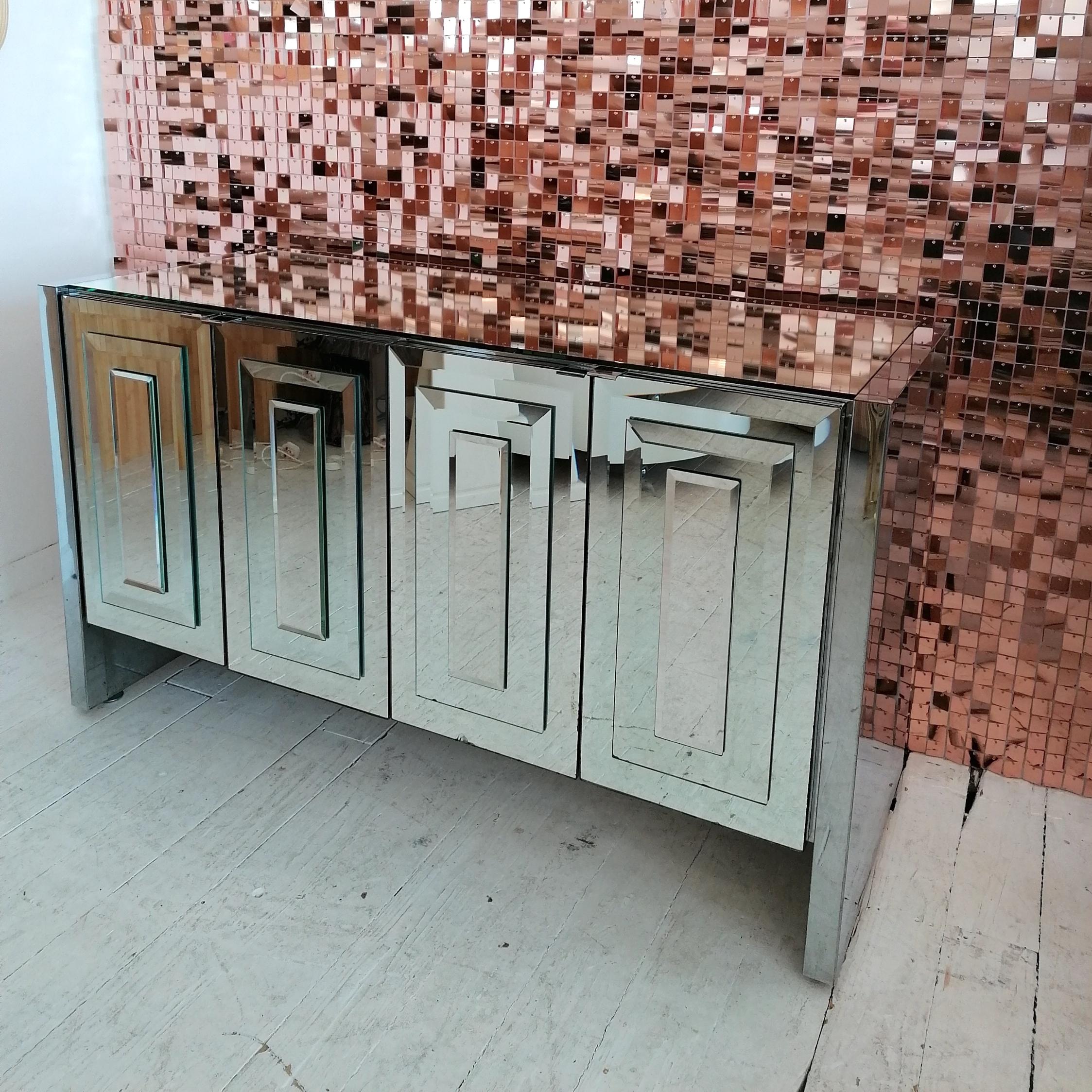 Art Deco Vintage Mirrored Glass & Chromed Steel Sideboard by Ello Furniture, USA 1980s