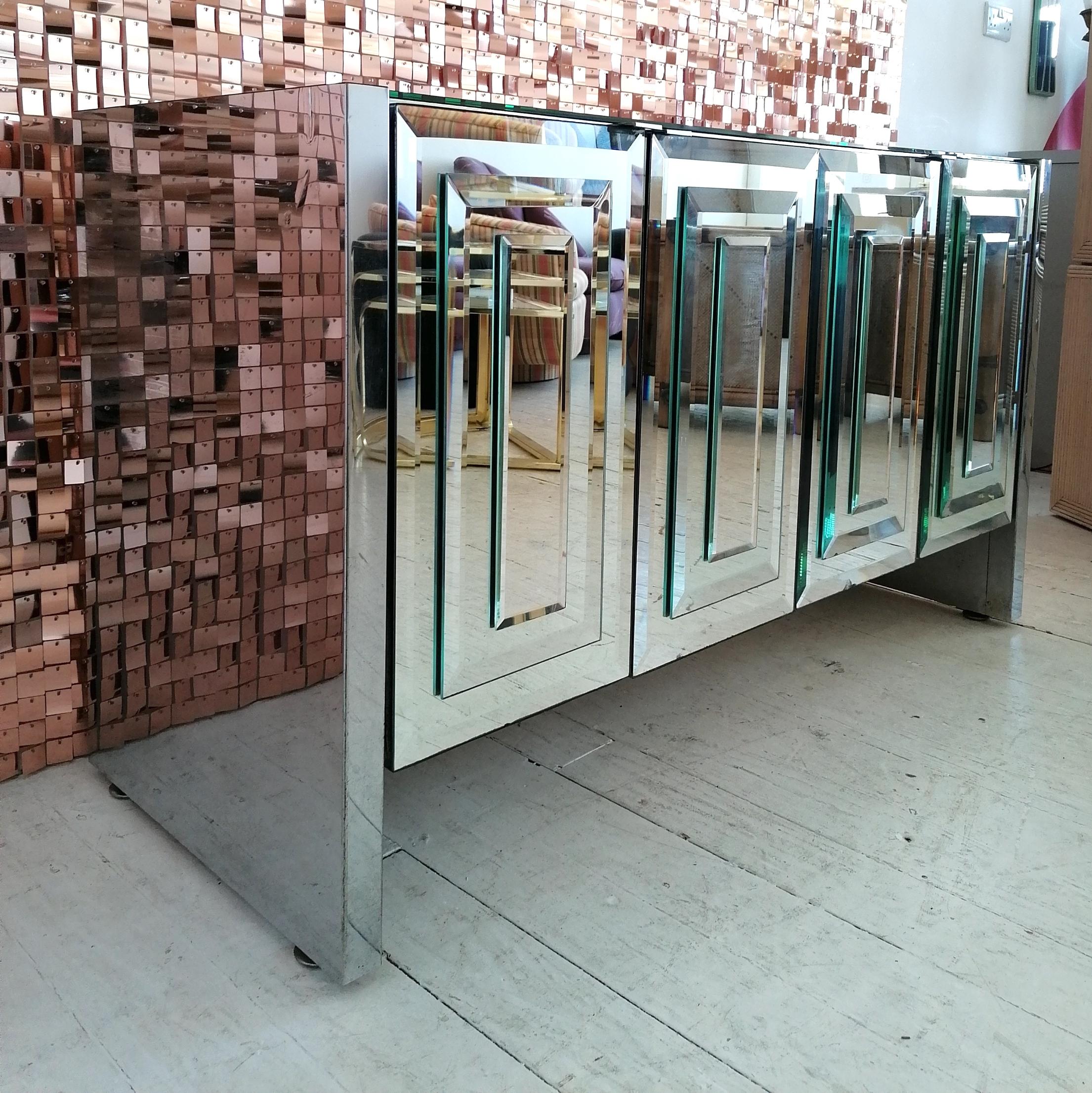 American Vintage Mirrored Glass & Chromed Steel Sideboard by Ello Furniture, USA 1980s
