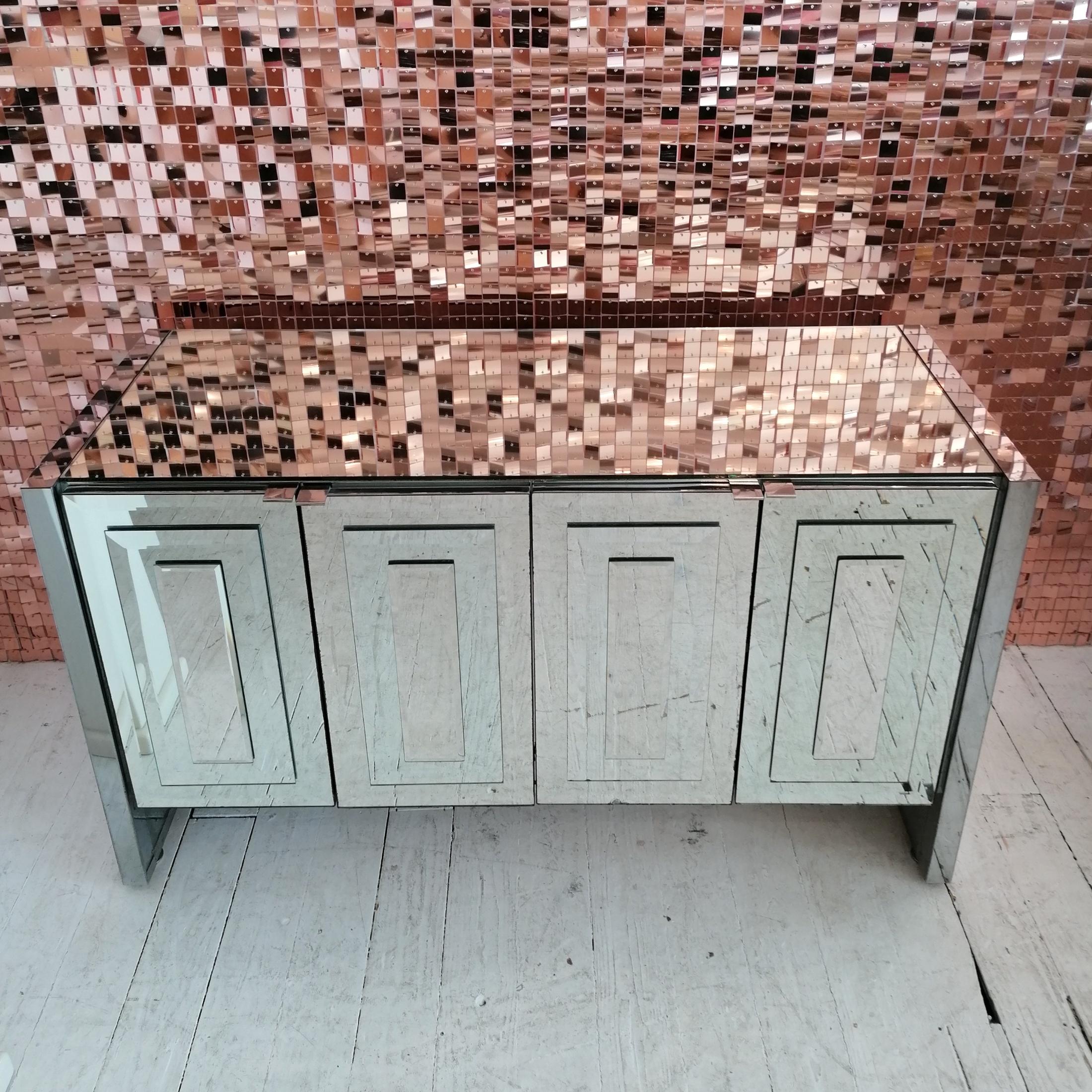 20th Century Vintage Mirrored Glass & Chromed Steel Sideboard by Ello Furniture, USA 1980s