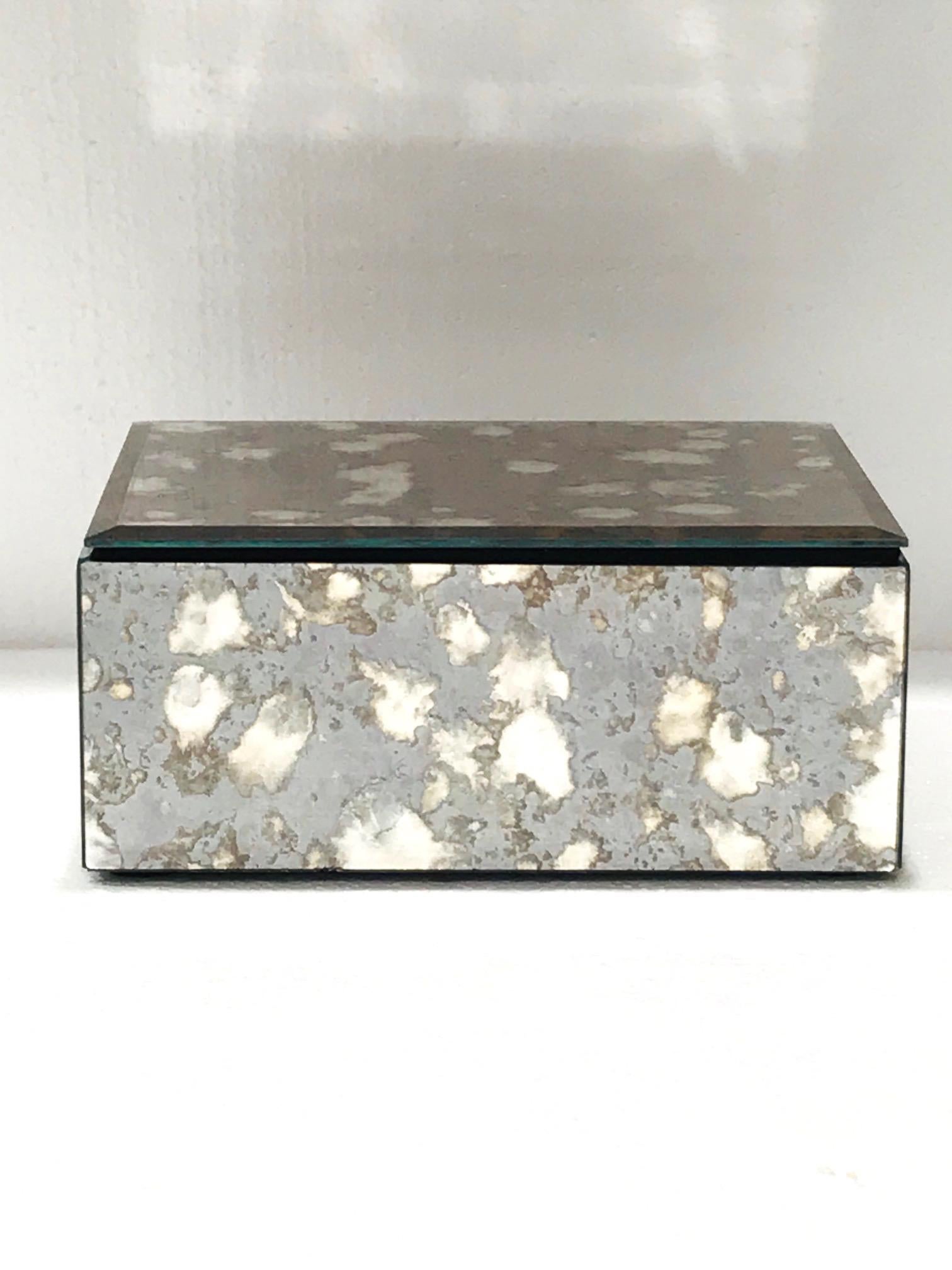 Felt Vintage Mirrored Jewelry Box in Antique Grey and Bronze Glass, circa 1990