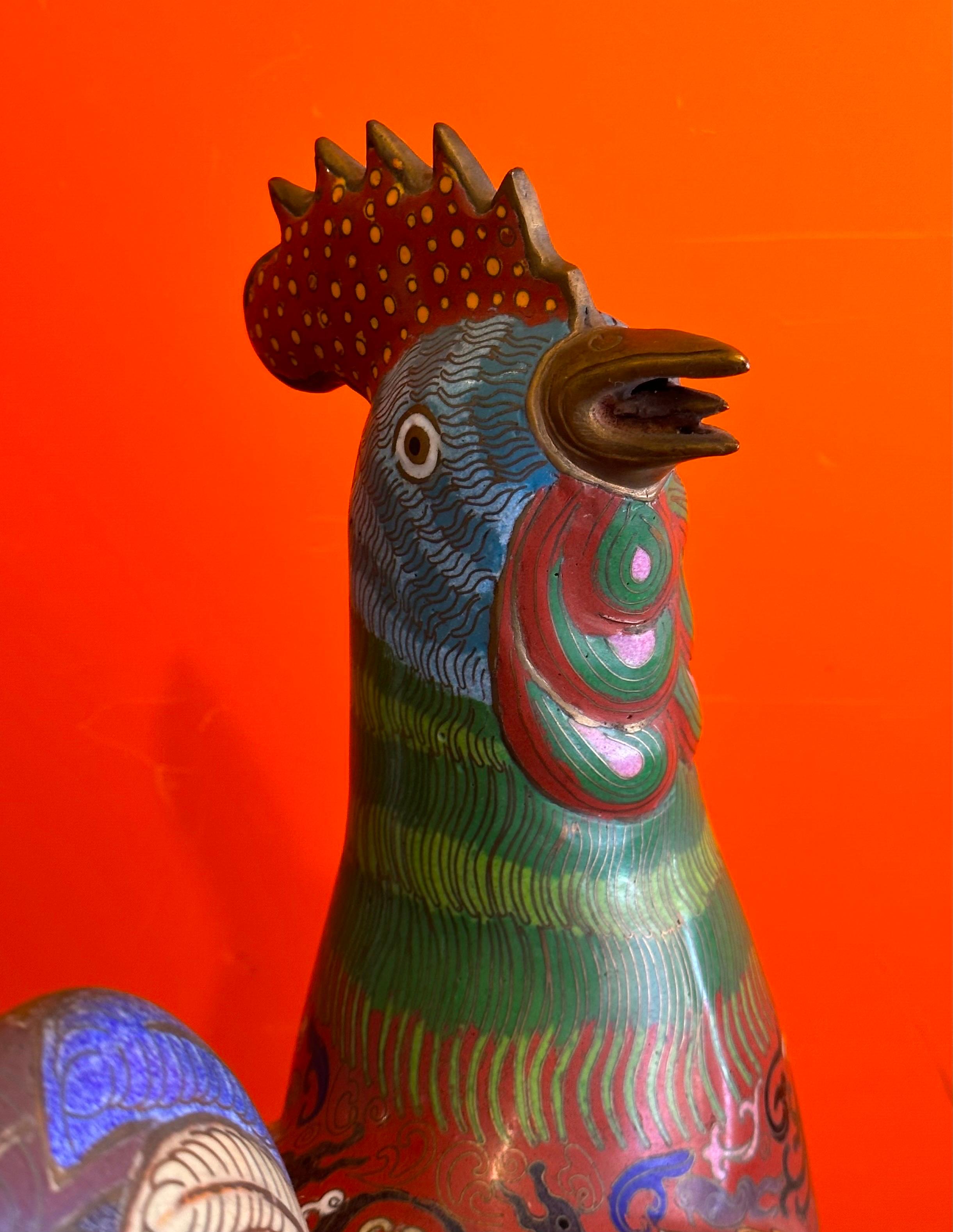 Vintage Mirrored Pair of Chinese Cloisonné Rooster Sculptures For Sale 4
