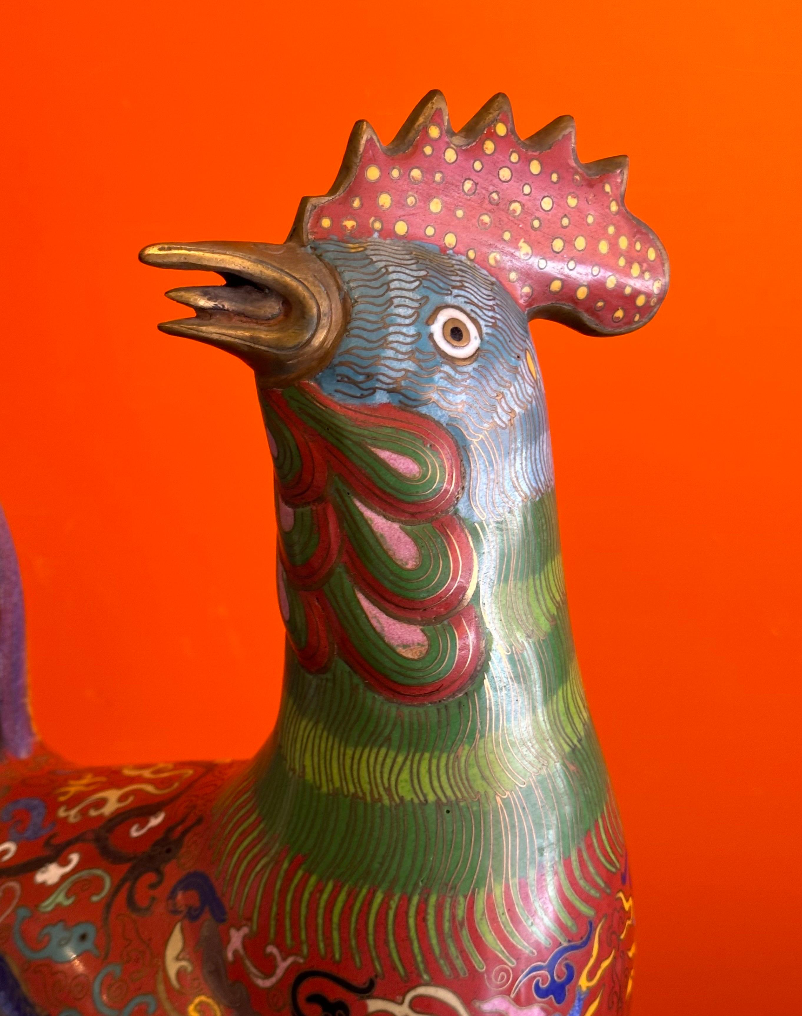 Vintage Mirrored Pair of Chinese Cloisonné Rooster Sculptures For Sale 5