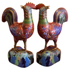Vintage Mirrored Pair of Chinese Cloisonné Rooster Sculptures