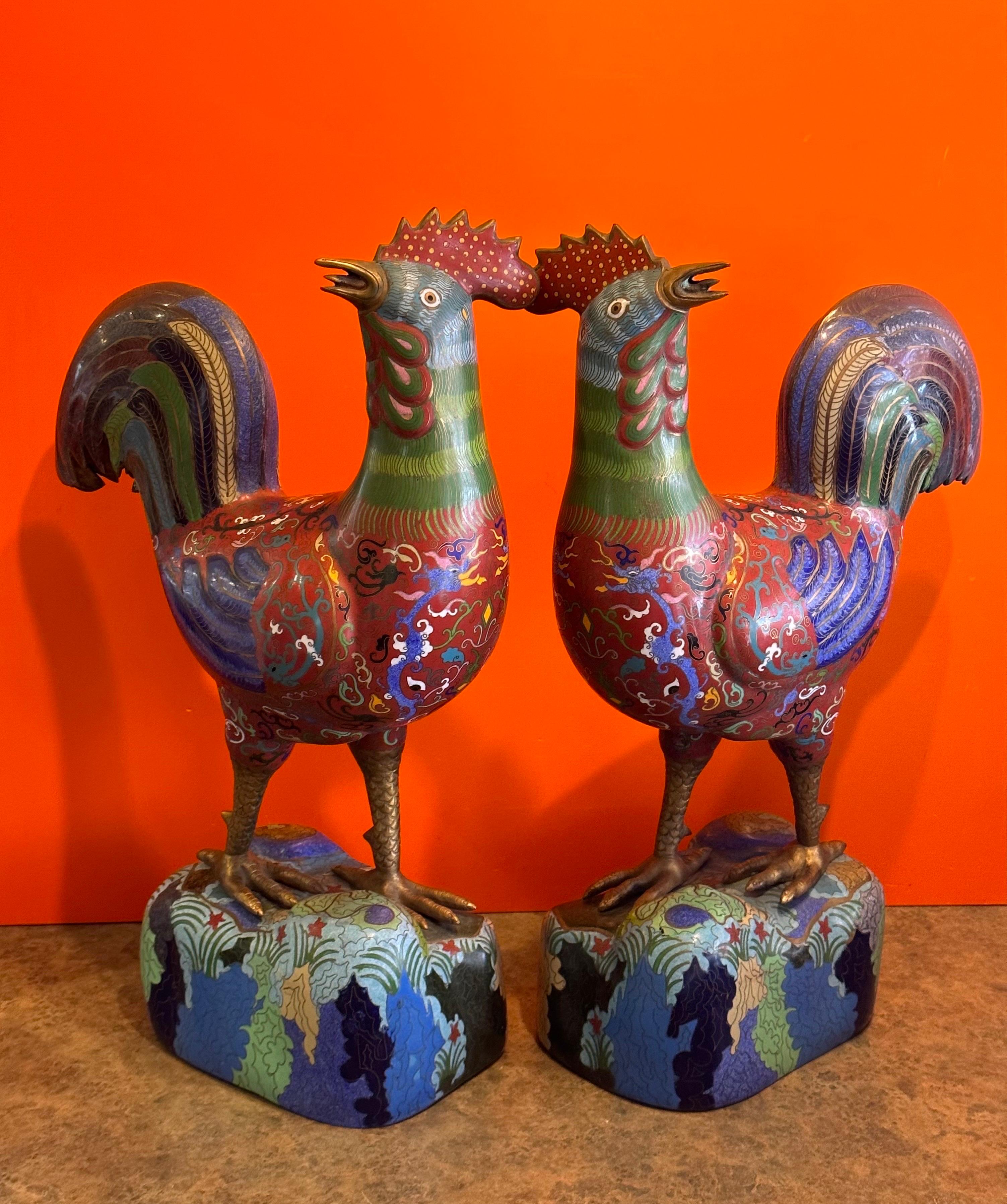 Vintage Mirrored Pair of Chinese Cloisonné Rooster Sculptures For Sale 13