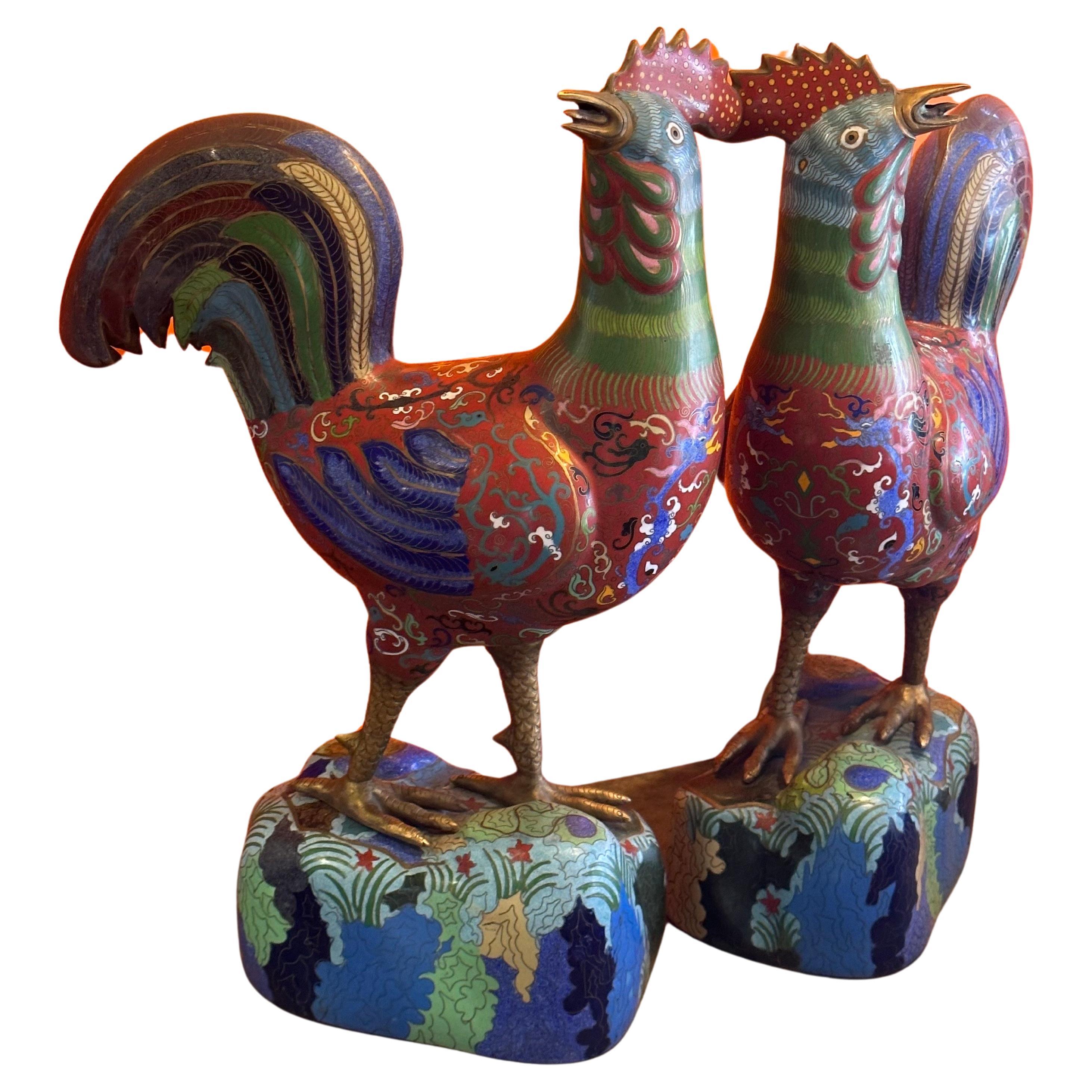 Chinese Export Vintage Mirrored Pair of Chinese Cloisonné Rooster Sculptures For Sale