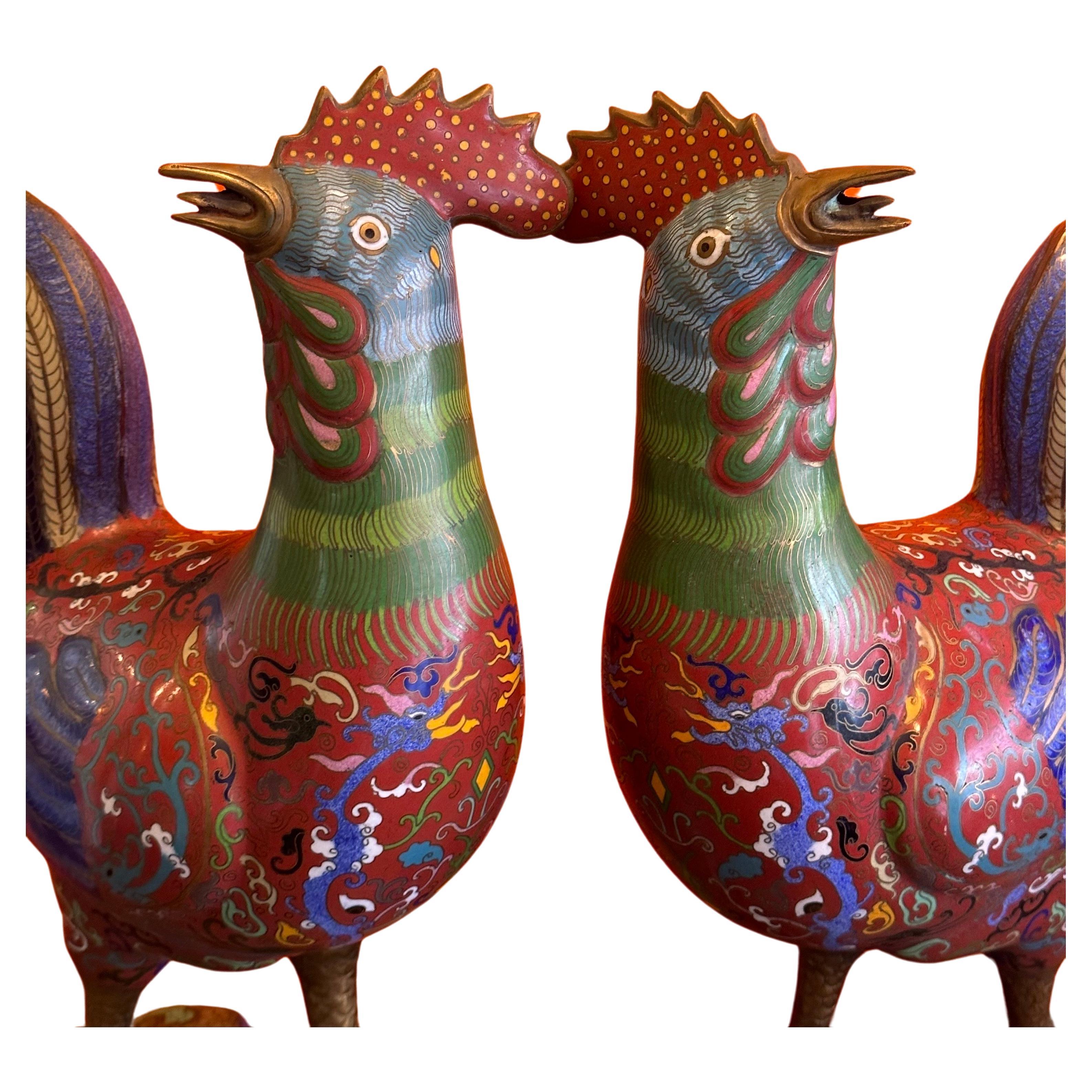 Cloissoné Vintage Mirrored Pair of Chinese Cloisonné Rooster Sculptures For Sale