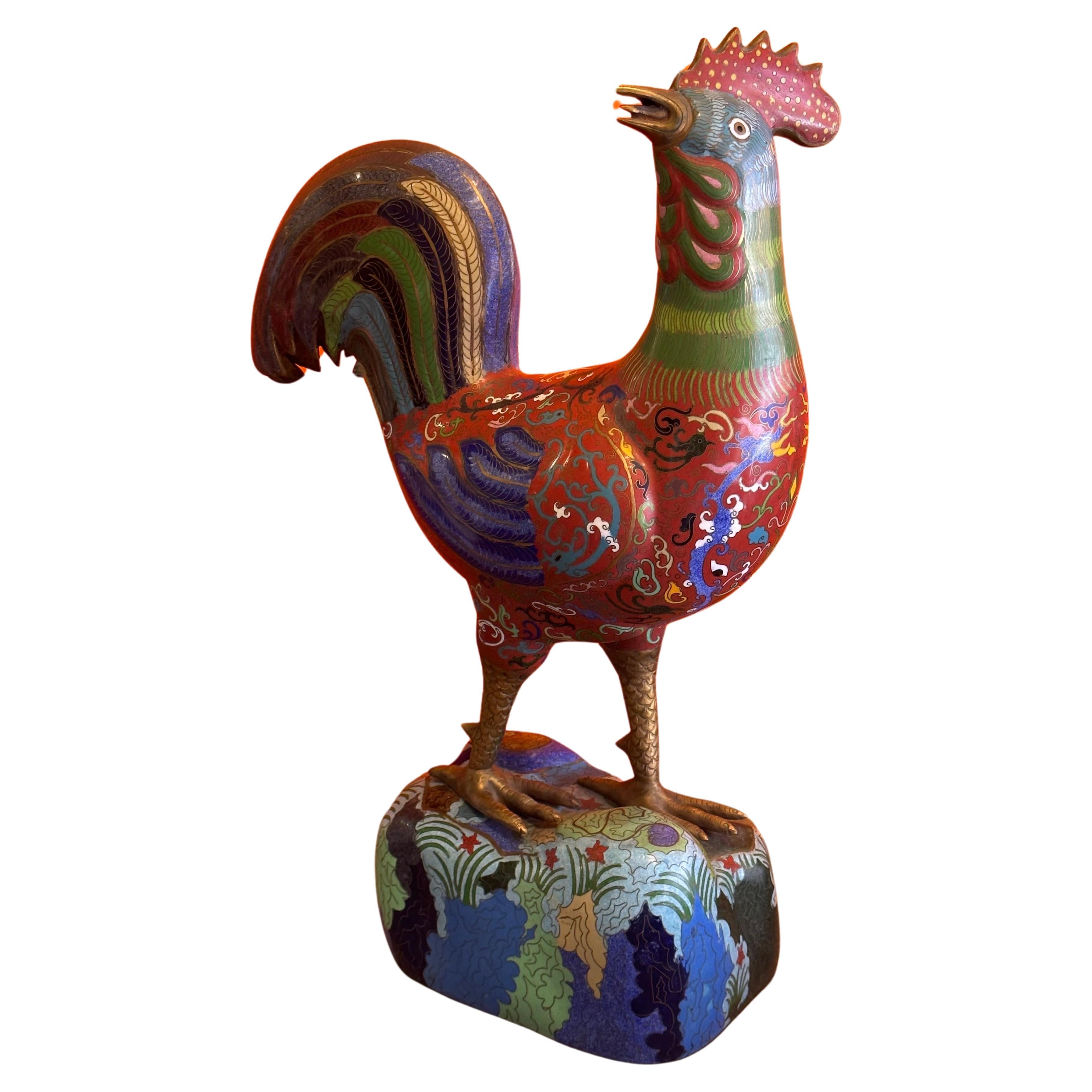 Vintage Mirrored Pair of Chinese Cloisonné Rooster Sculptures In Good Condition For Sale In San Diego, CA