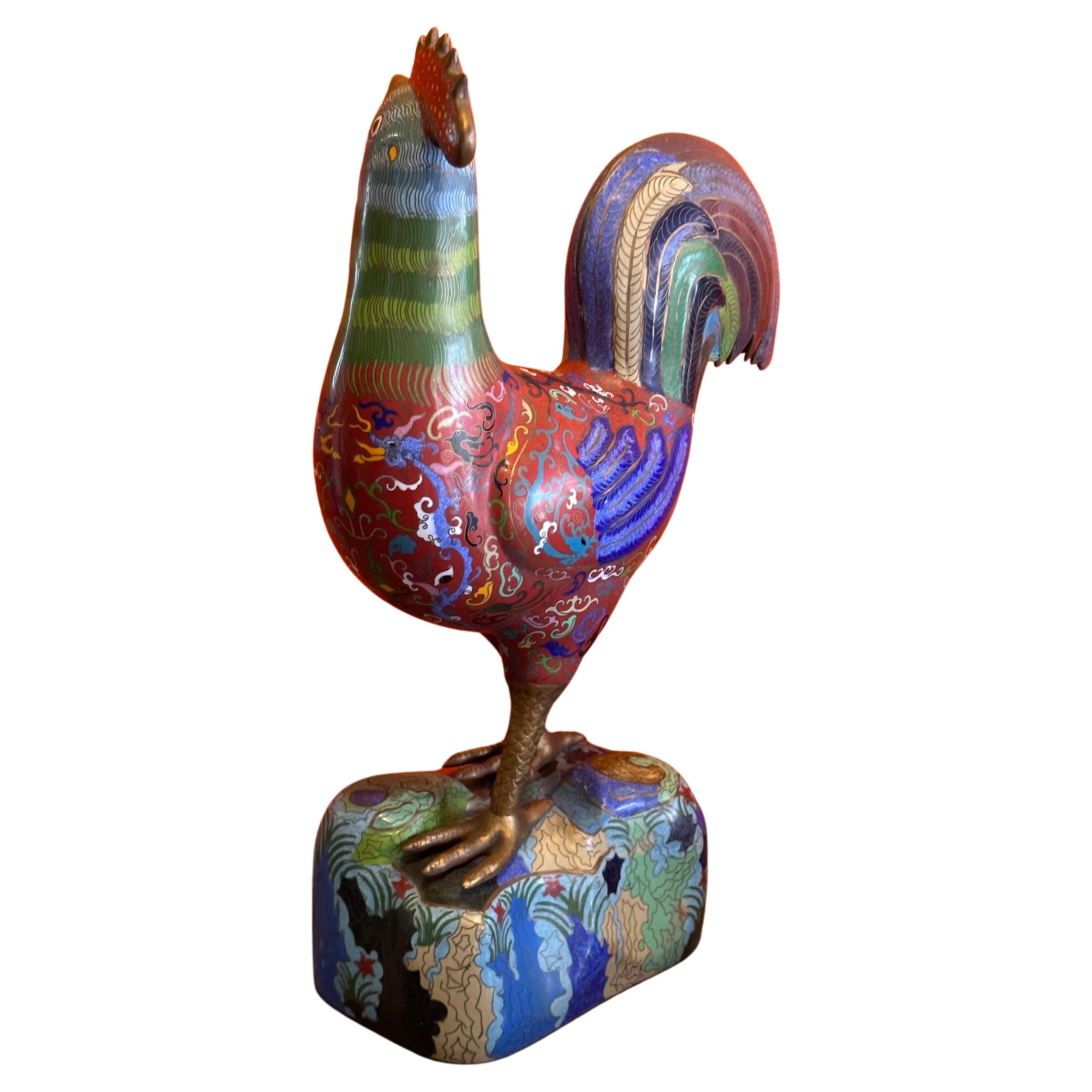 20th Century Vintage Mirrored Pair of Chinese Cloisonné Rooster Sculptures For Sale