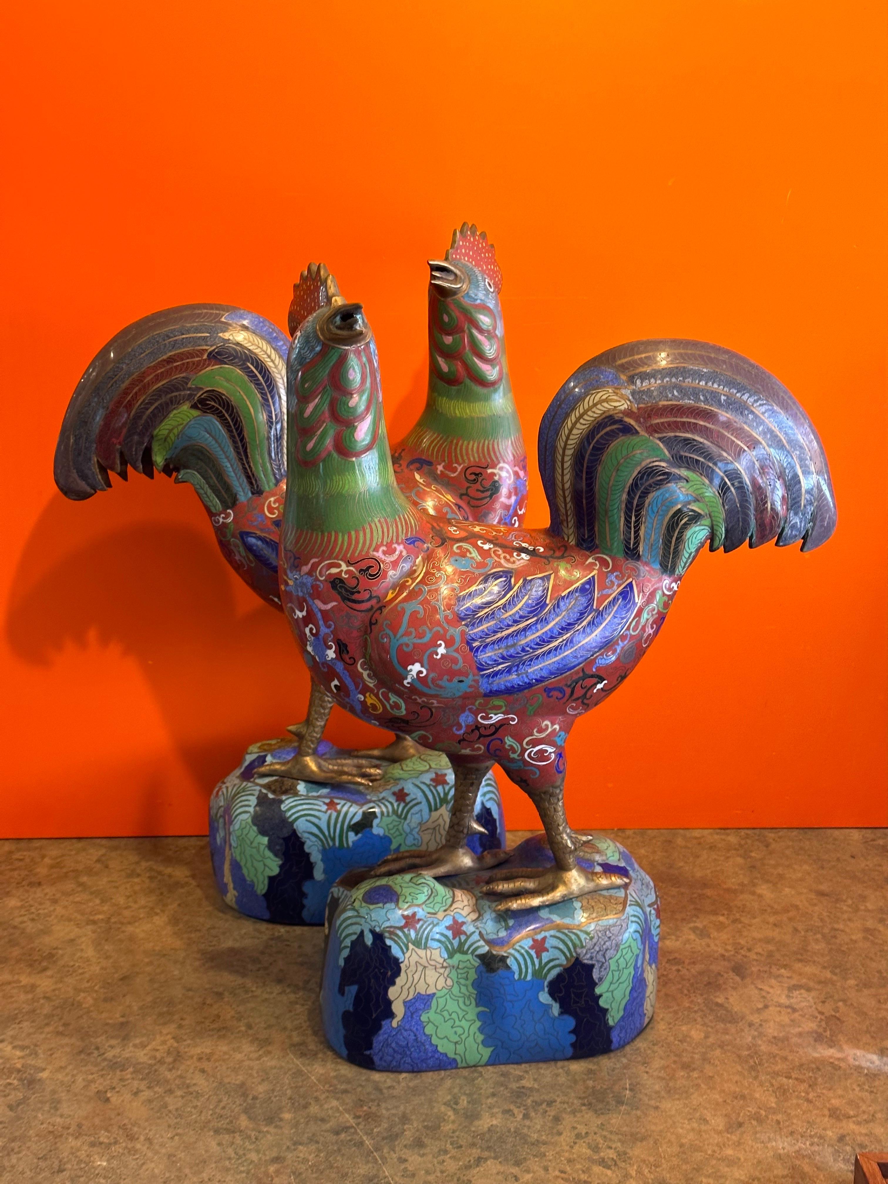Vintage Mirrored Pair of Chinese Cloisonné Rooster Sculptures For Sale 1