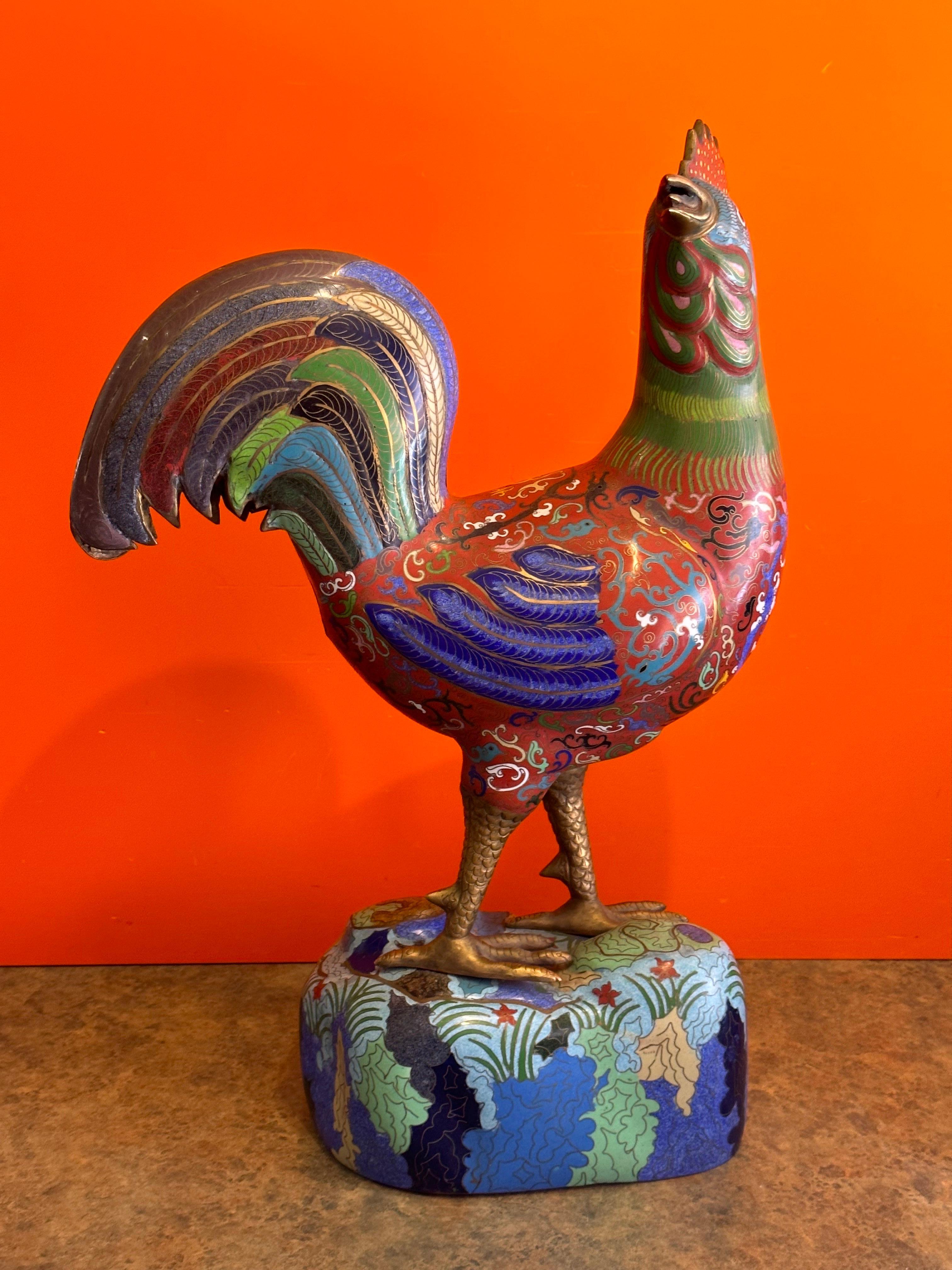 Vintage Mirrored Pair of Chinese Cloisonné Rooster Sculptures For Sale 2