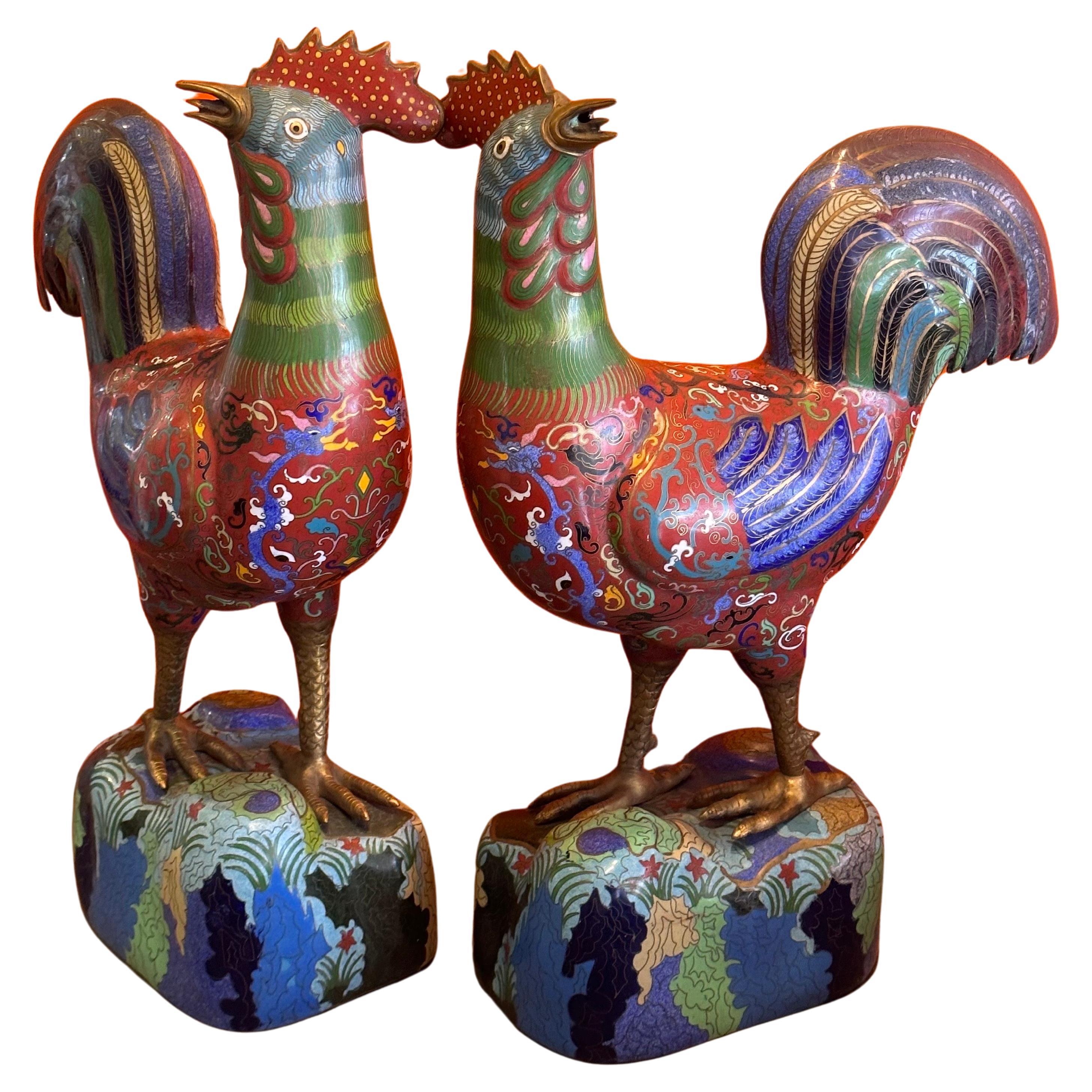 Vintage Mirrored Pair of Chinese Cloisonné Rooster Sculptures For Sale