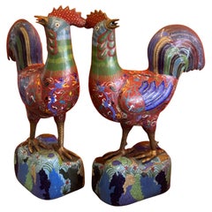 Vintage Mirrored Pair of Chinese Cloisonné Rooster Sculptures