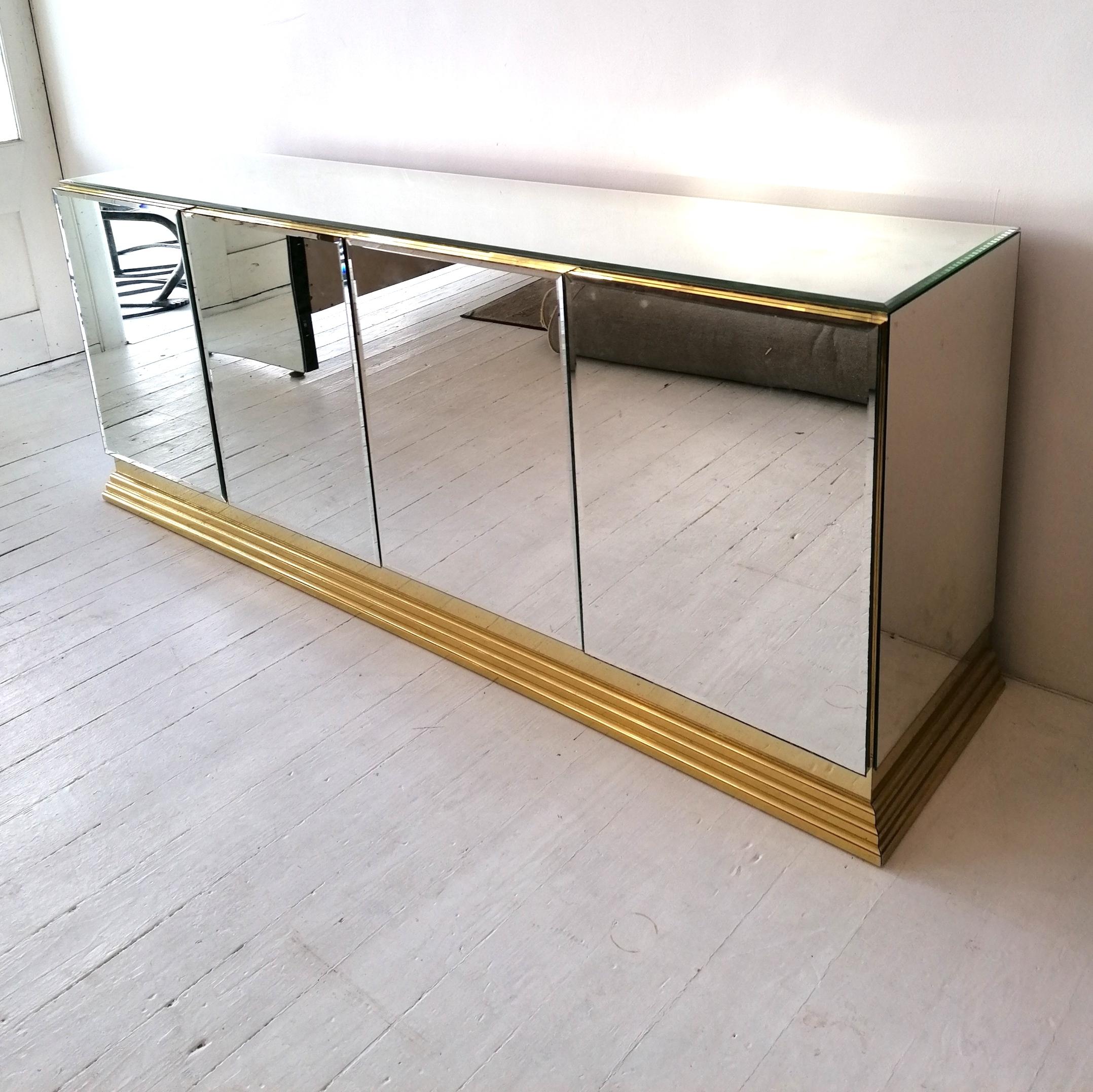 Post-Modern Vintage Mirrored Sideboard with Brass Base, by Ello Furniture USA, 1970s / 80s
