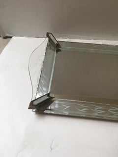 Vintage Mirrored Tray with Etched Glass Sides with Mother of Pearls Detail