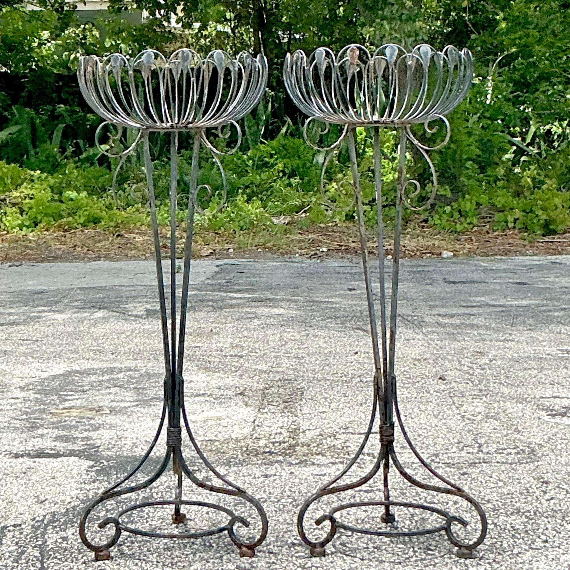 American Vintage Mis-Century Modern Wrought Iron Plant Stands - a Pair For Sale