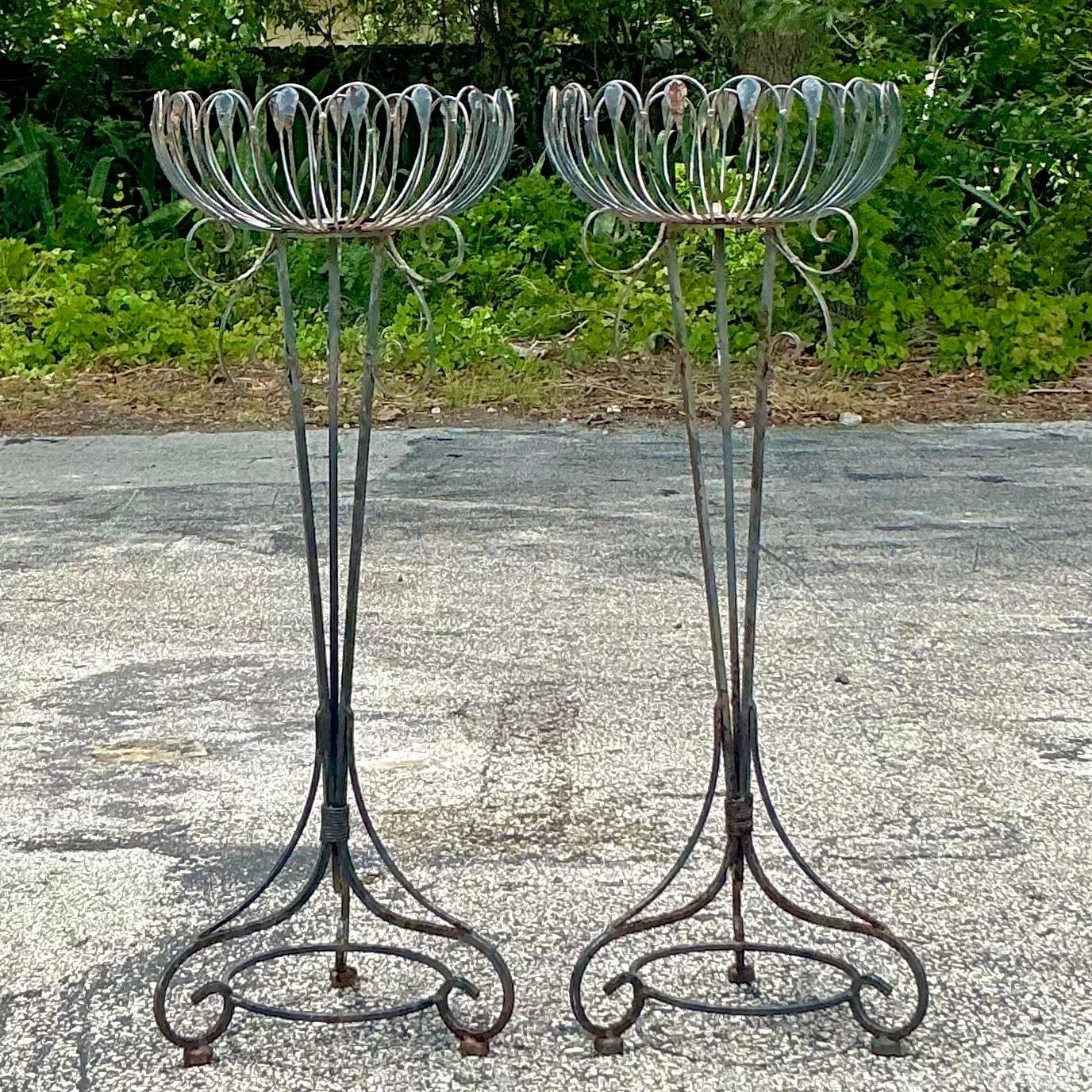 Vintage Mis-Century Modern Wrought Iron Plant Stands - a Pair In Good Condition For Sale In west palm beach, FL