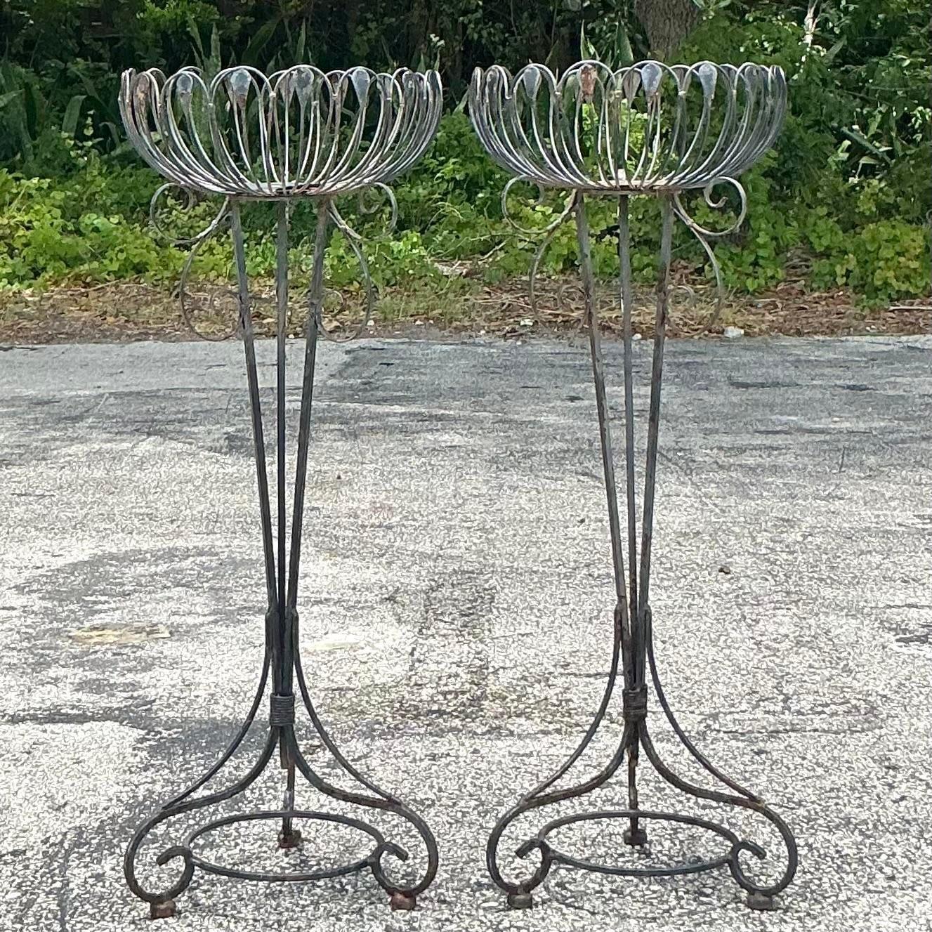 Vintage Mis-Century Modern Wrought Iron Plant Stands - a Pair For Sale 1
