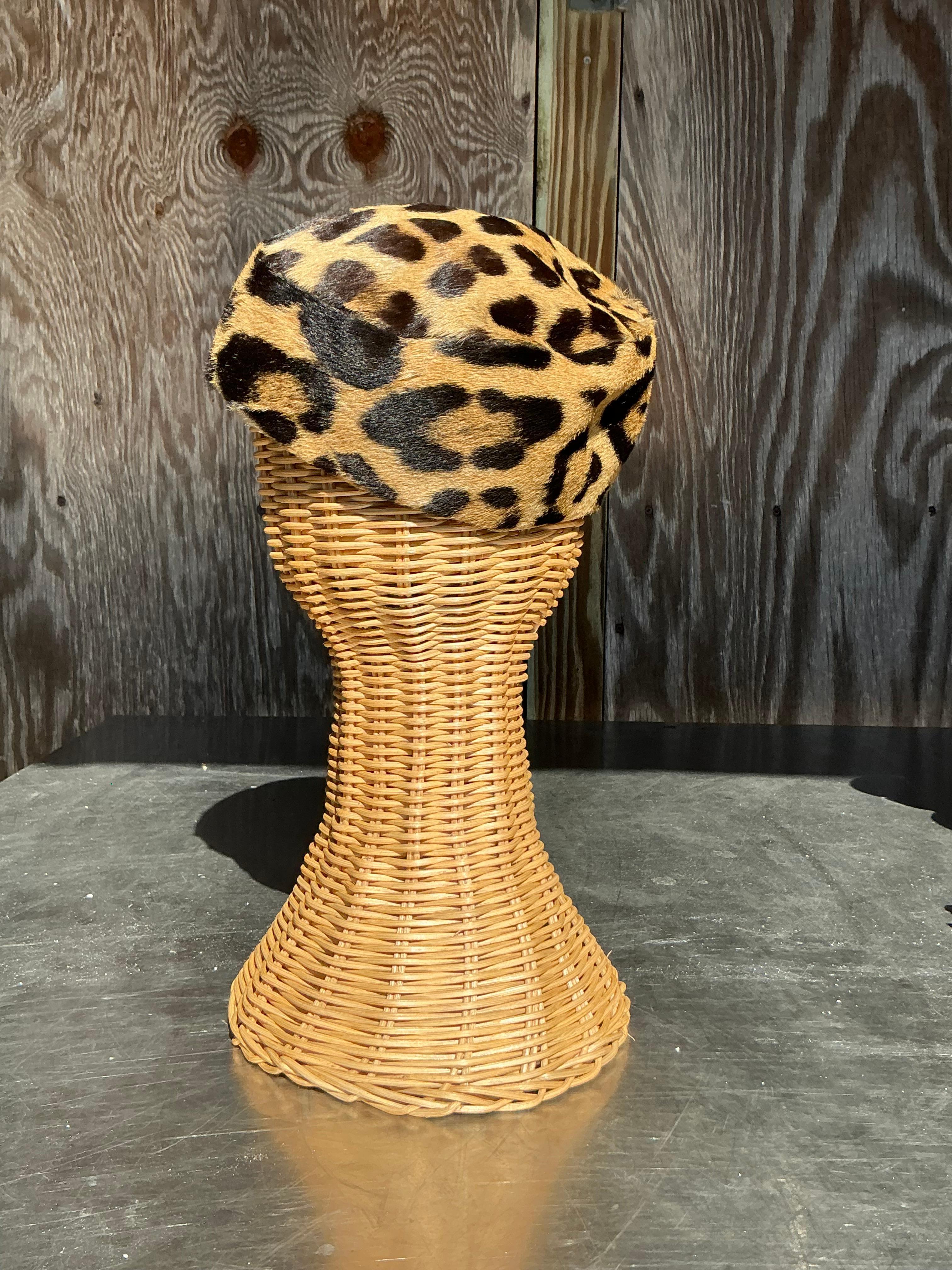 Vintage Miss Alice Leopard Print Fur Pillbox Hat For Sale 6