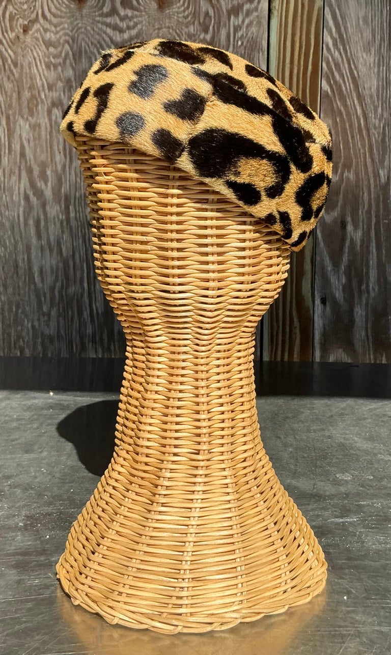 Vintage Miss Alice Leopard Print Fur Pillbox Hat For Sale at  display picture 3