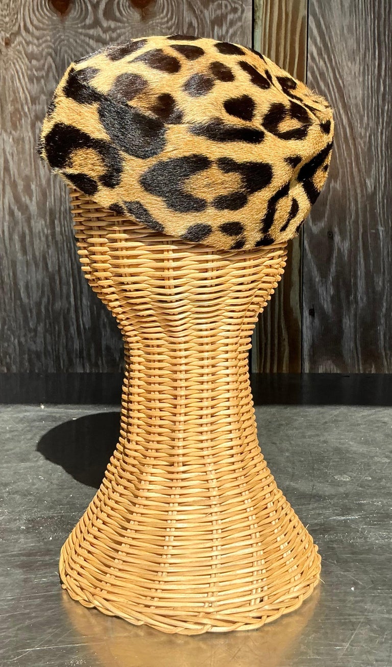 Vintage Miss Alice Leopard Print Fur Pillbox Hat For Sale at  display picture 1