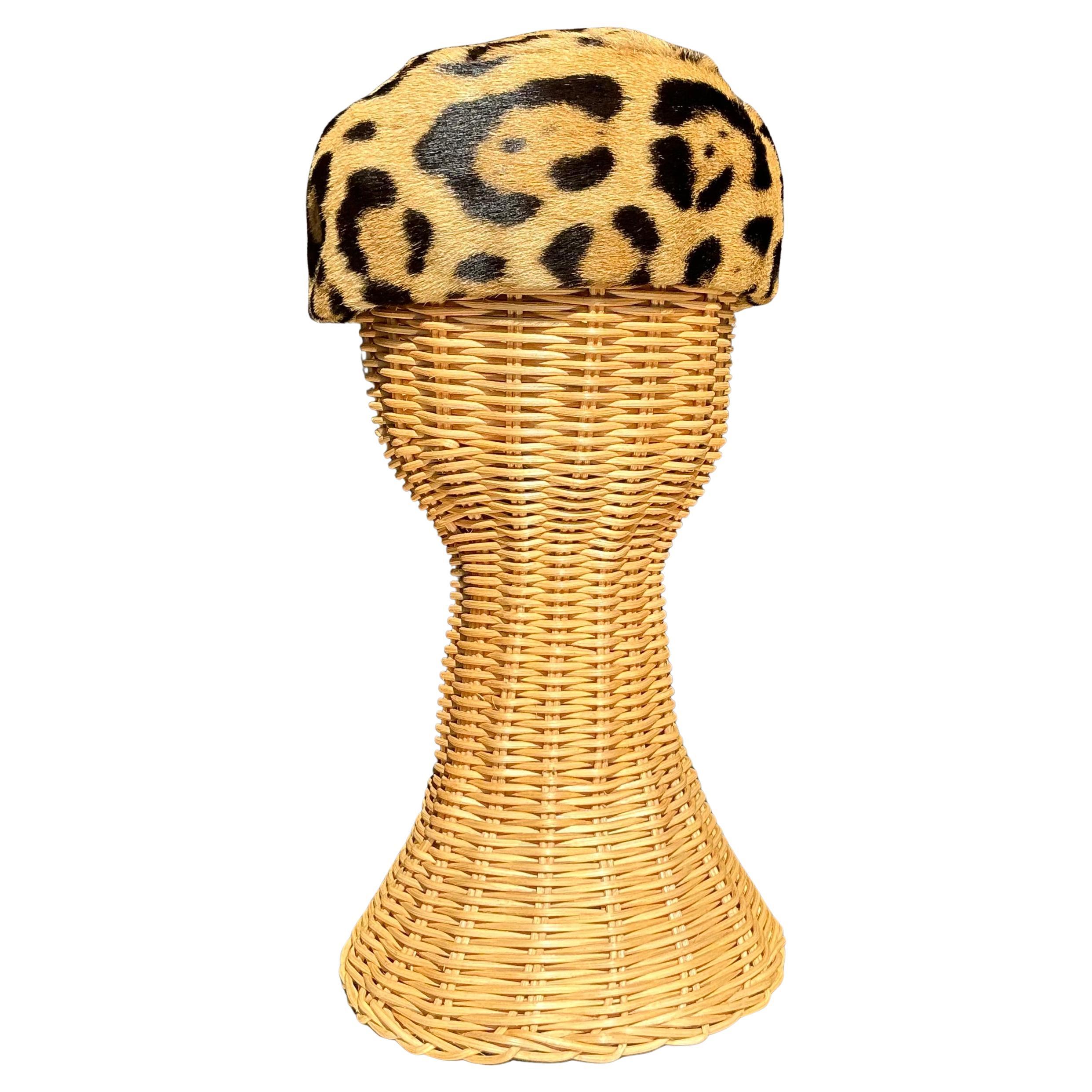 Vintage Miss Alice Leopard Print Fur Pillbox Hat For Sale