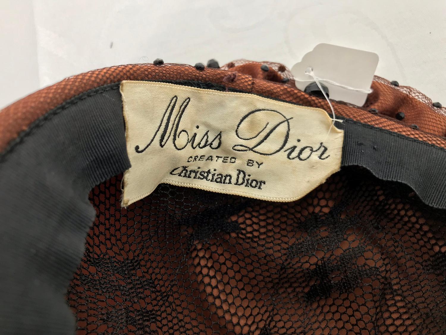 Vintage Miss Dior Christian Dior Beaded Copper Silk Black Net Beret 1960s 5